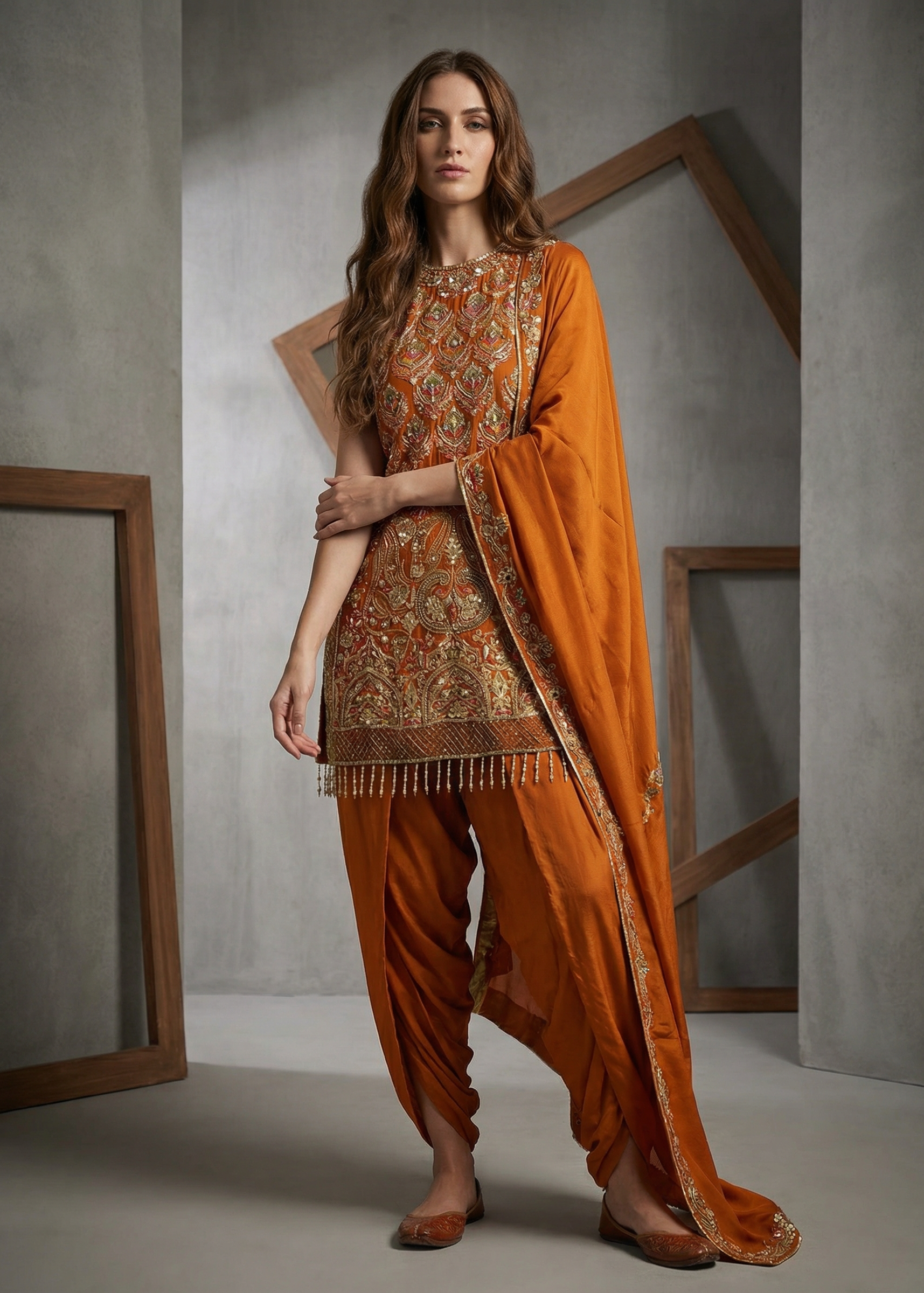 KD1446 Rust embroidered kurti, dhoti and dupatta
