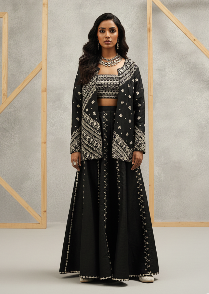 Woman wearing a black and white patterned outfit against a gray background