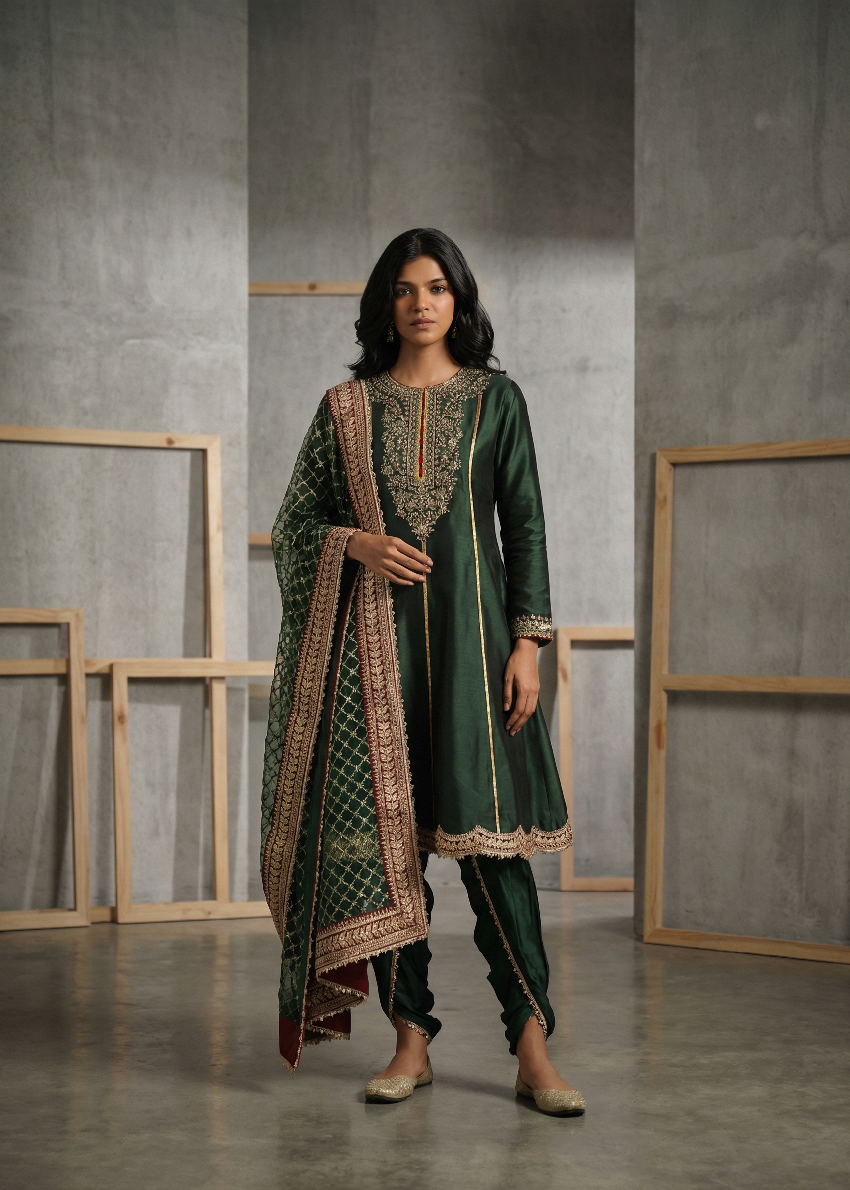 KD1452 Green pakistani suit with dhoti and dupatta