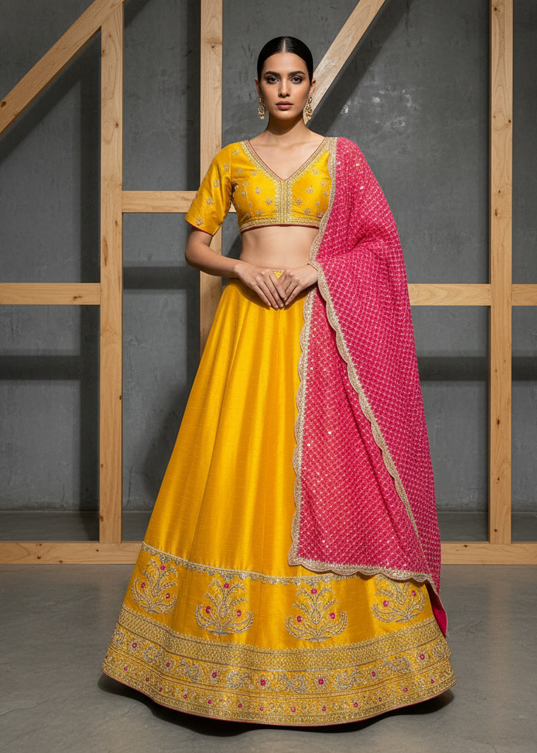 Woman wearing a yellow and pink traditional outfit with a wooden and gray background
