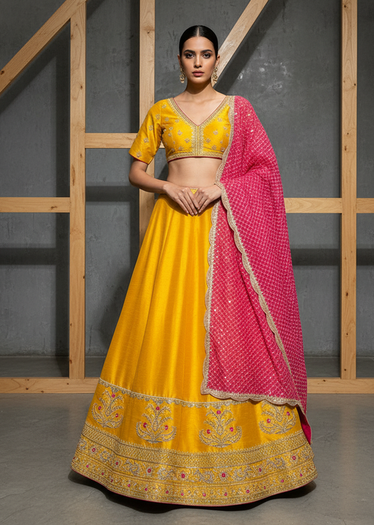 Woman wearing a yellow and pink traditional outfit with a wooden and gray background