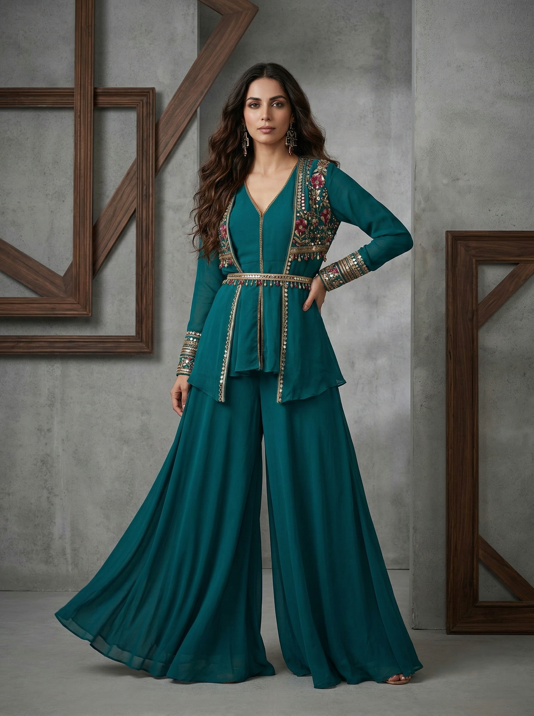 KD1465 Green embroidered jacket, sharara and dupatta