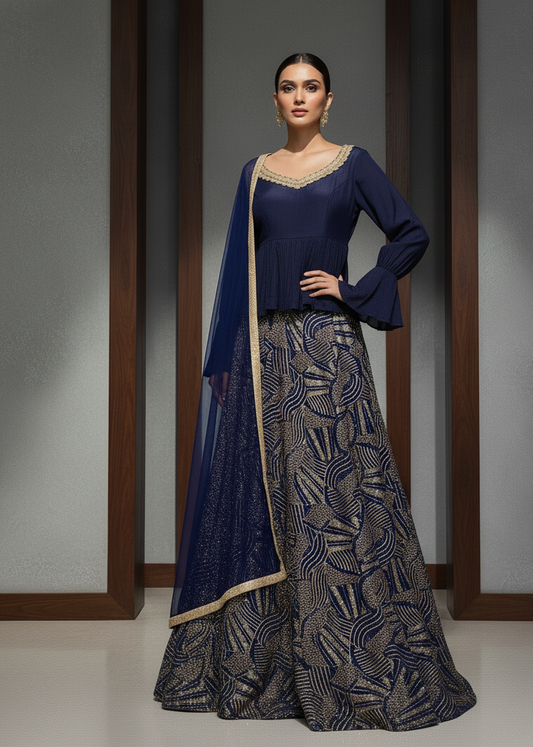 Woman wearing a traditional blue and patterned outfit against a neutral background