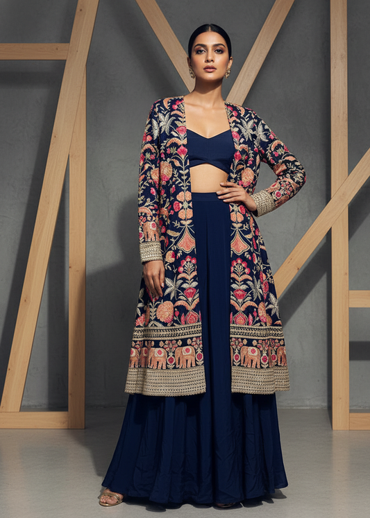 Woman wearing a traditional outfit with a floral jacket and navy pants against a wooden and gray background