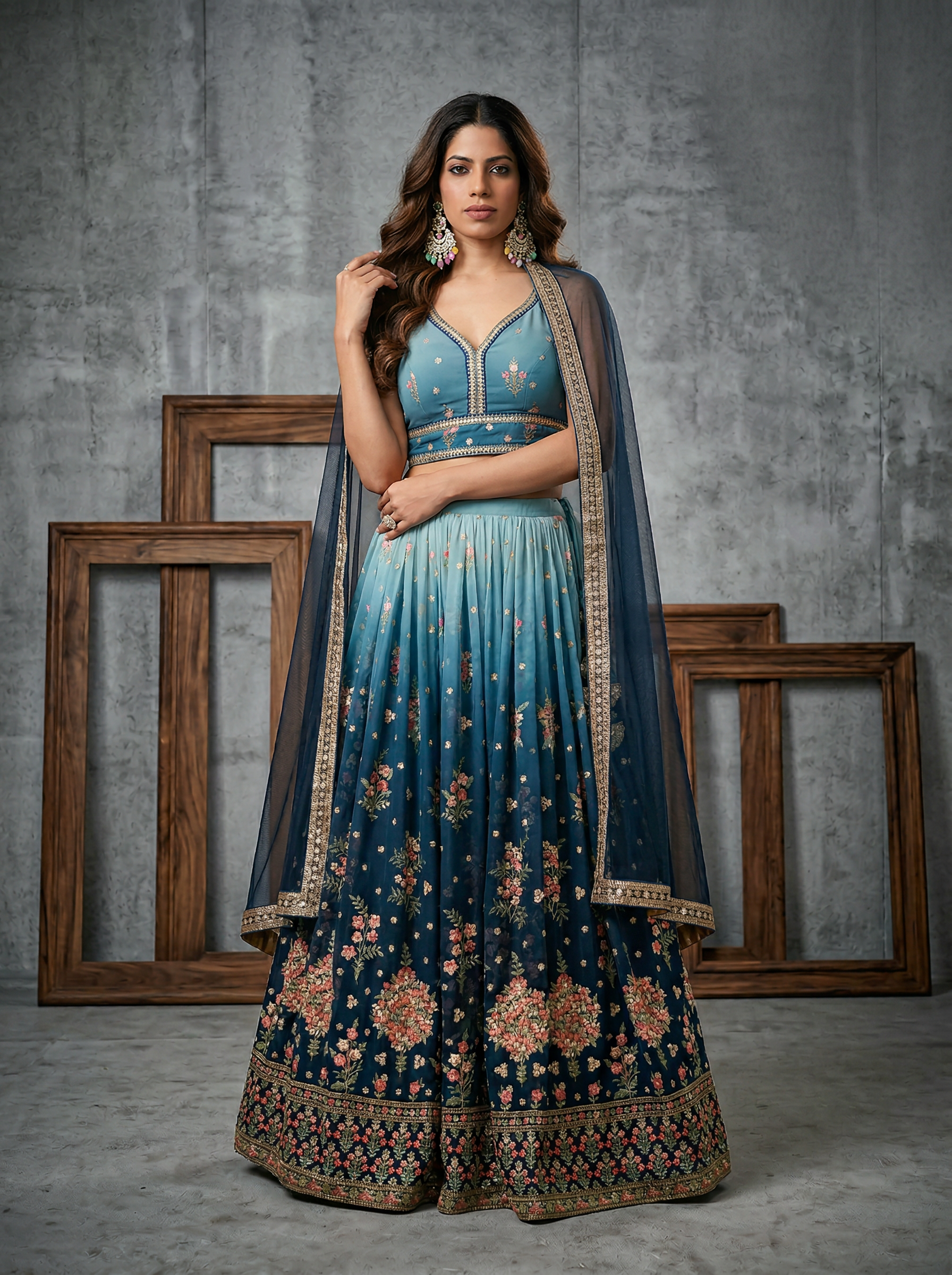 KD1494 Blue ombre ready fabric lehenga choli set