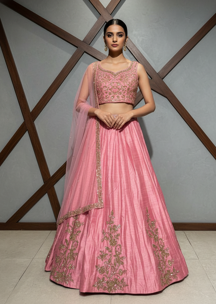 Woman wearing a pink embroidered traditional outfit against a geometric-patterned wall.