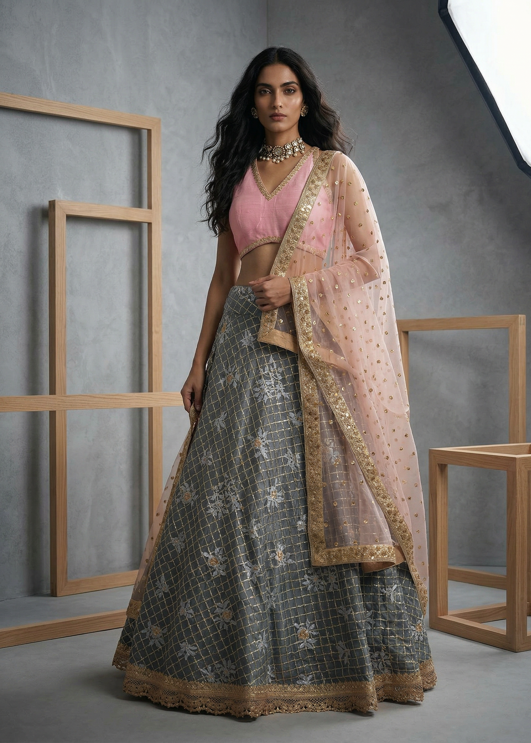 KD1521 Grey  ready lehega, blouse and dupatta