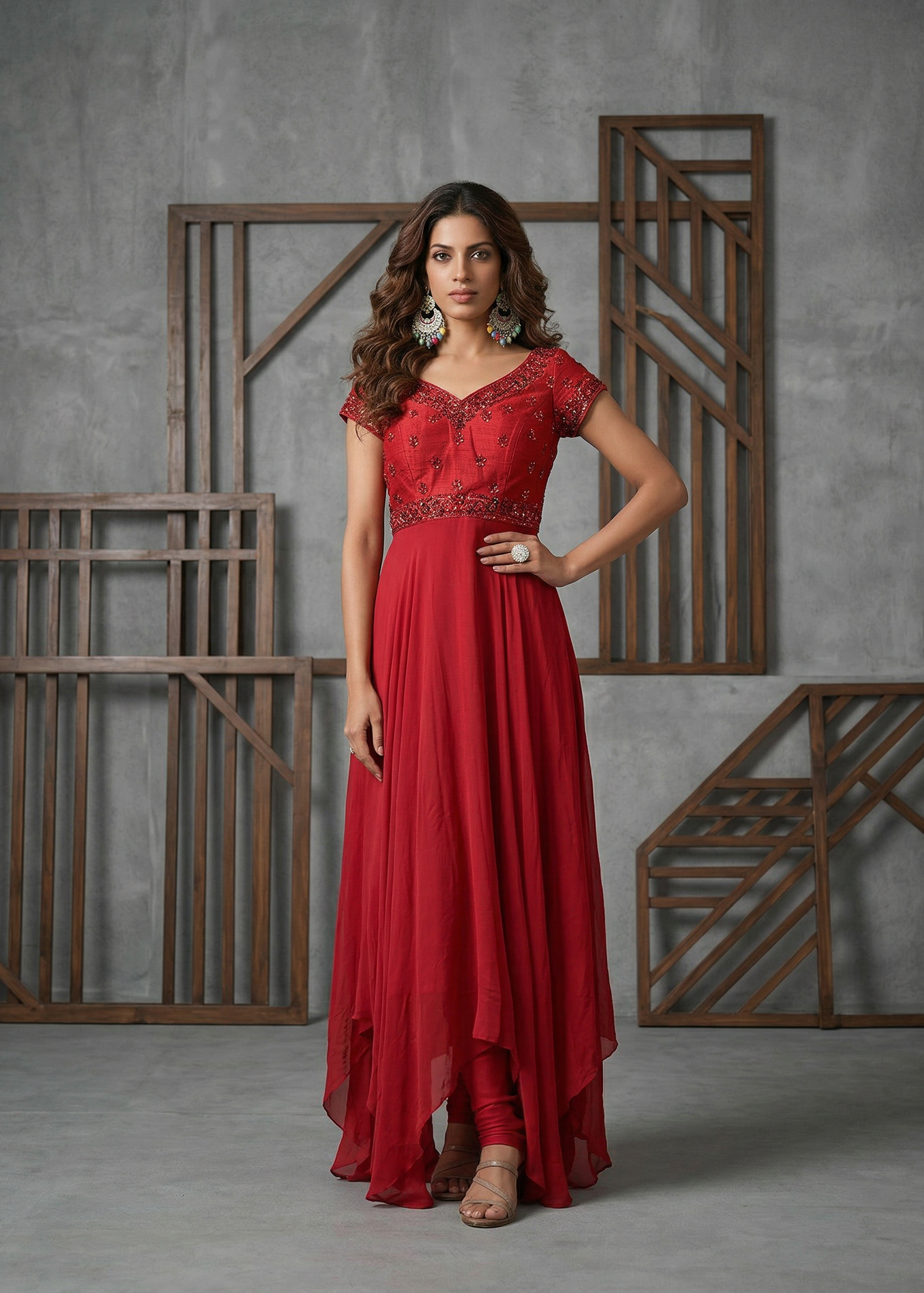 KD1523 Red anarkali with embroidered , churidar and dupatta