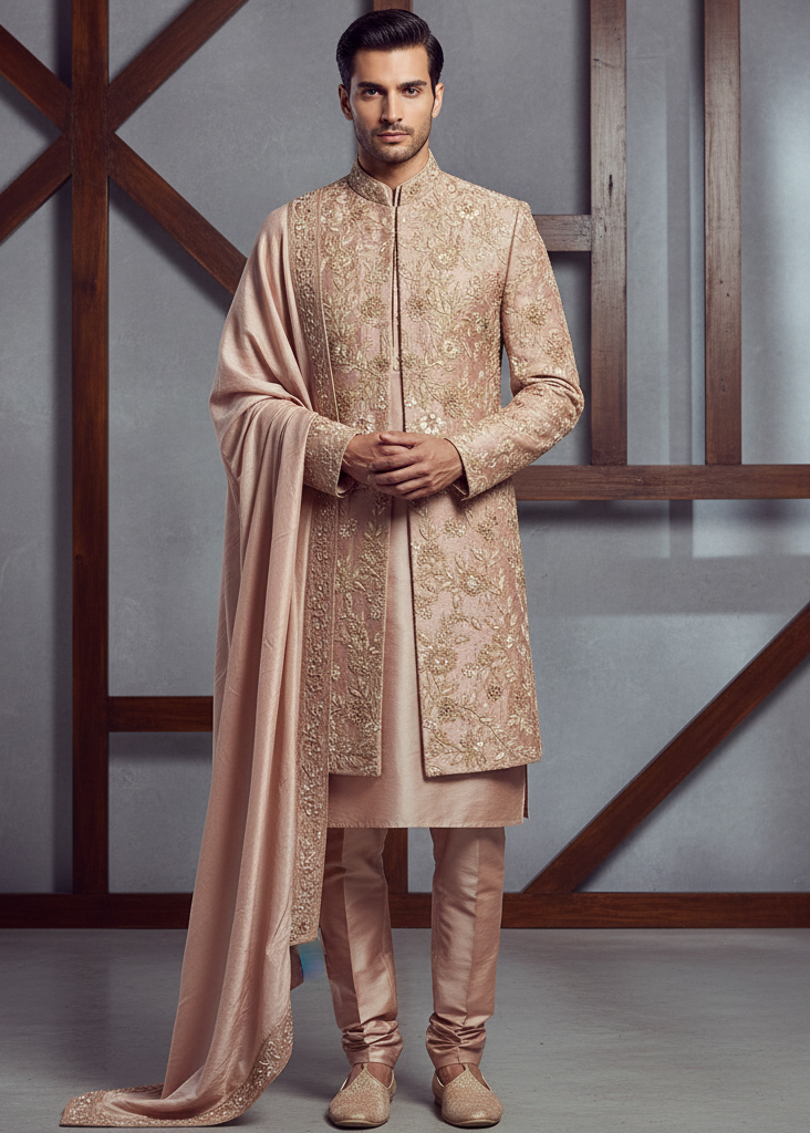 Man wearing a traditional beige sherwani with intricate patterns against a gray background