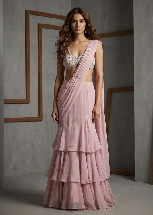 Woman wearing a pink saree with a gray background