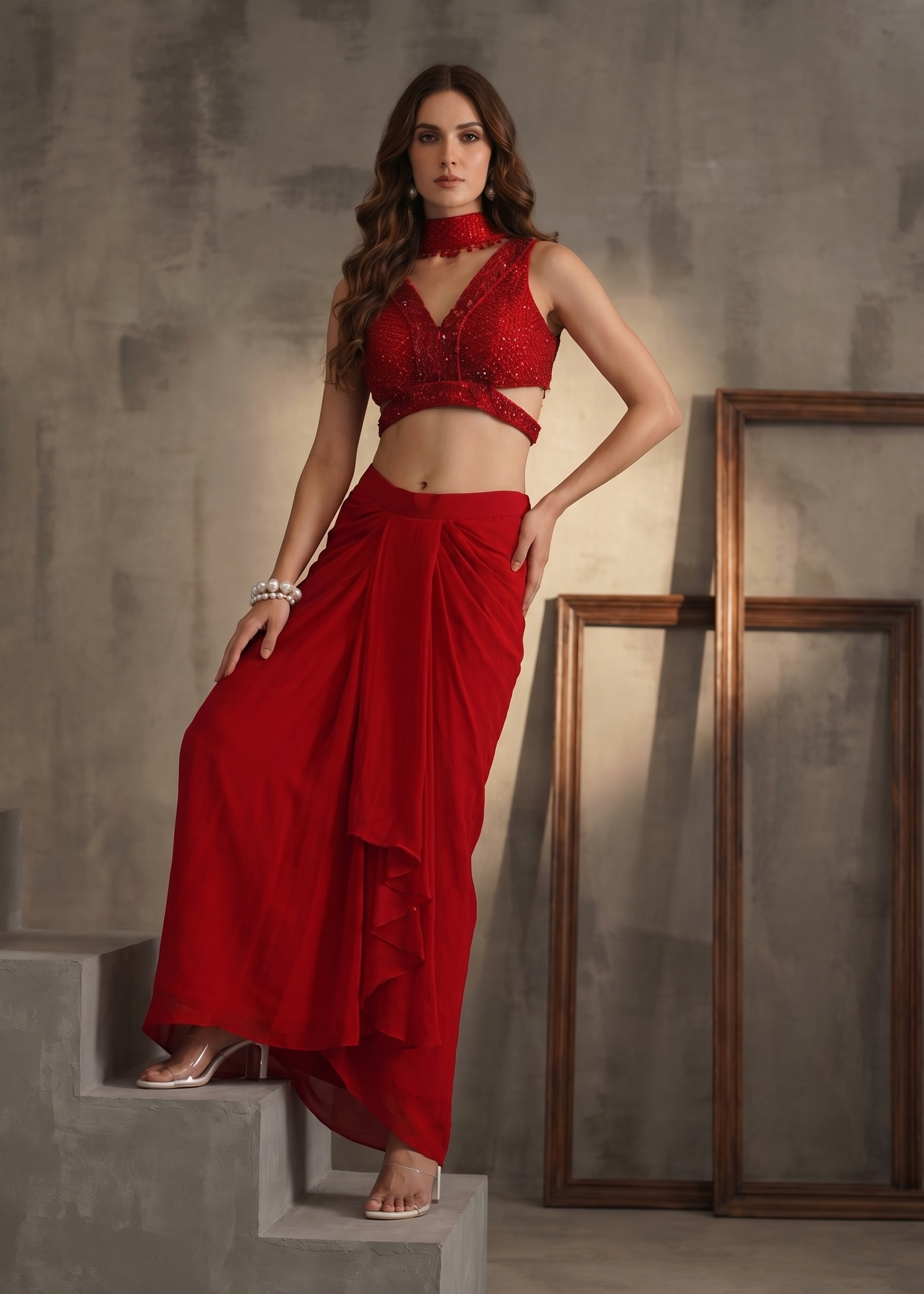 Woman in a red outfit standing on steps with a neutral background