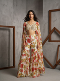 KD1585 white printed croptop sharara jacket set