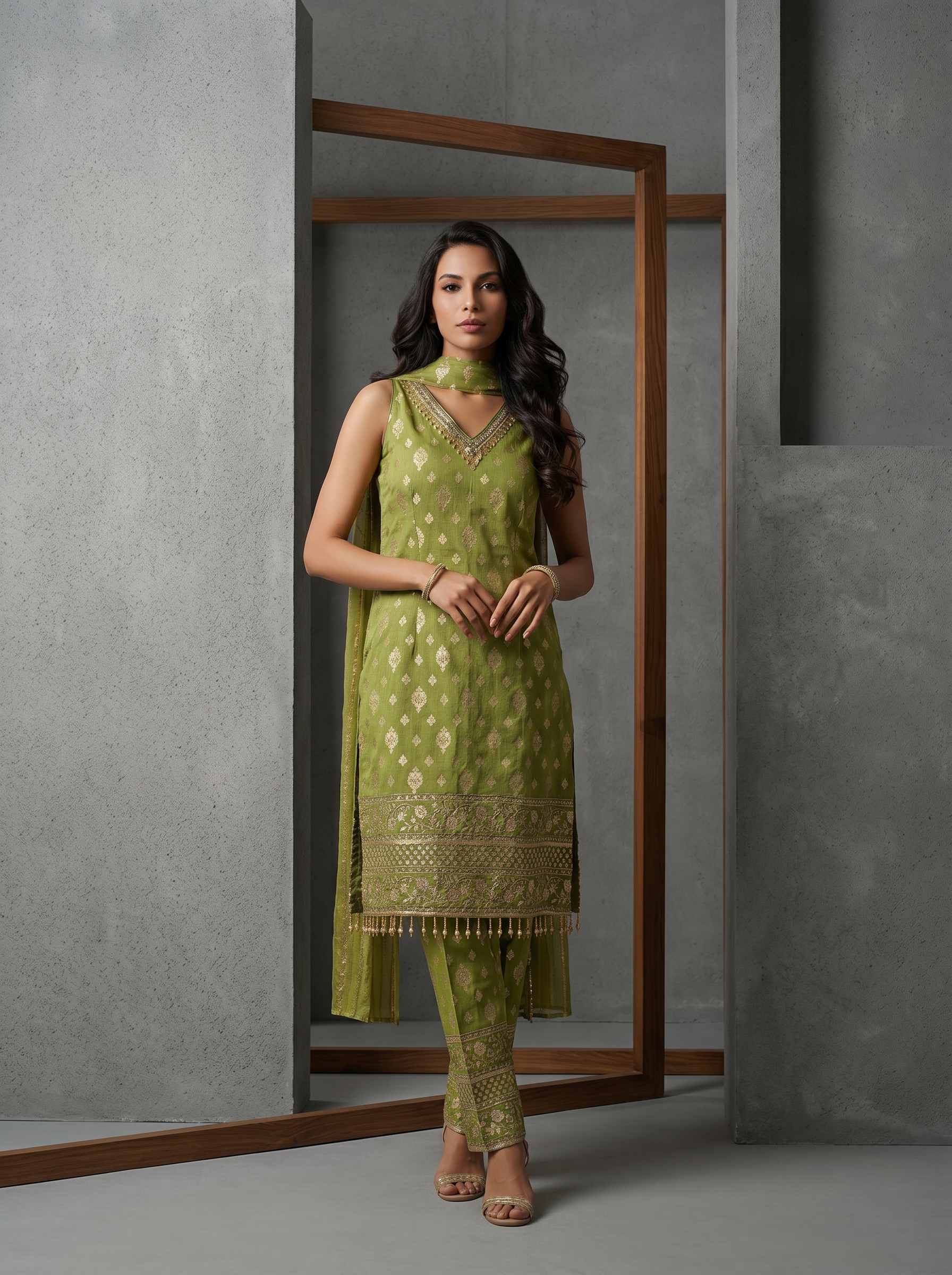 KD1594 Green Brocade Kurti pant Set