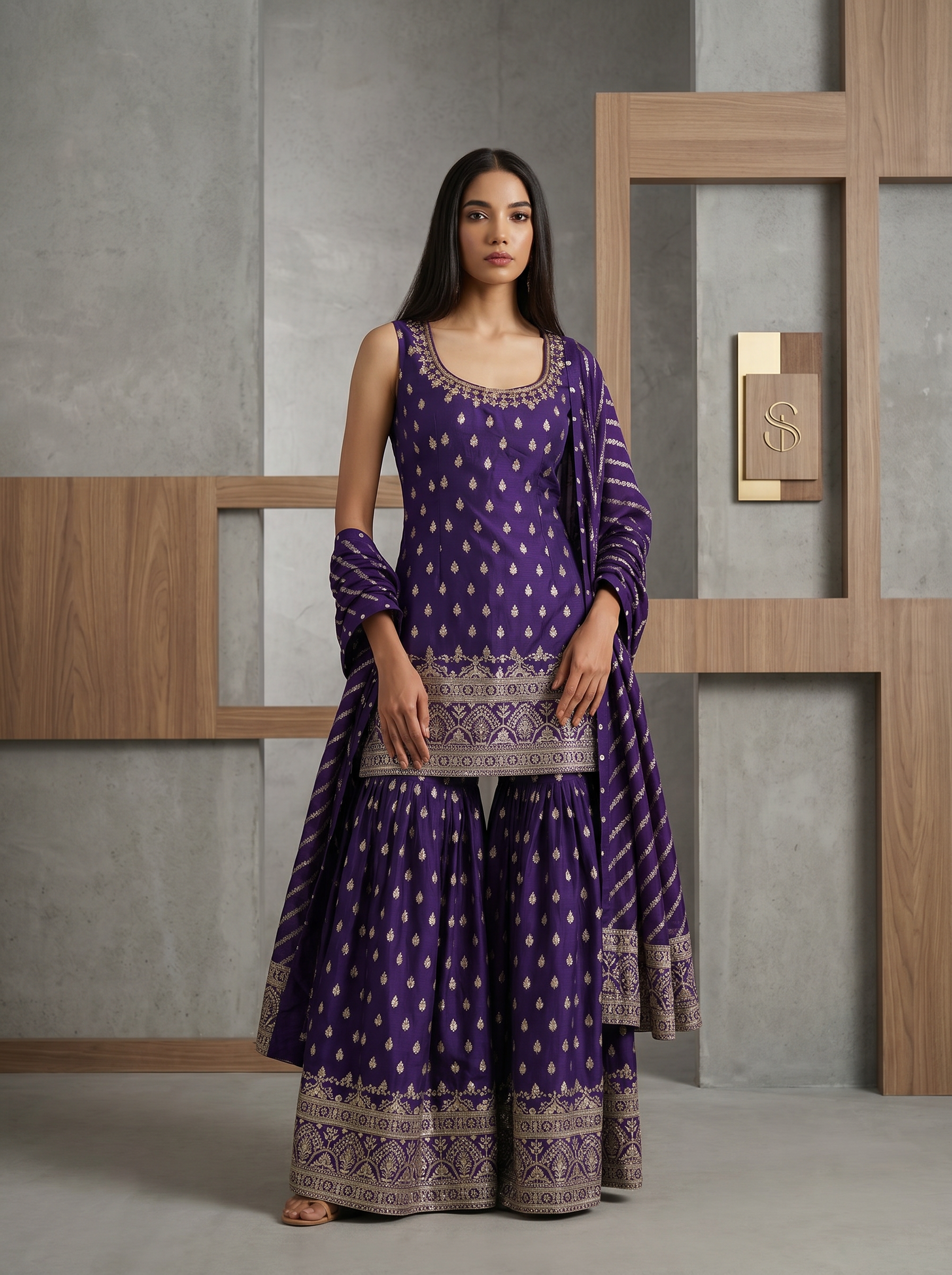 KD1618 Purple brocade  kurti, sharara and dupatta