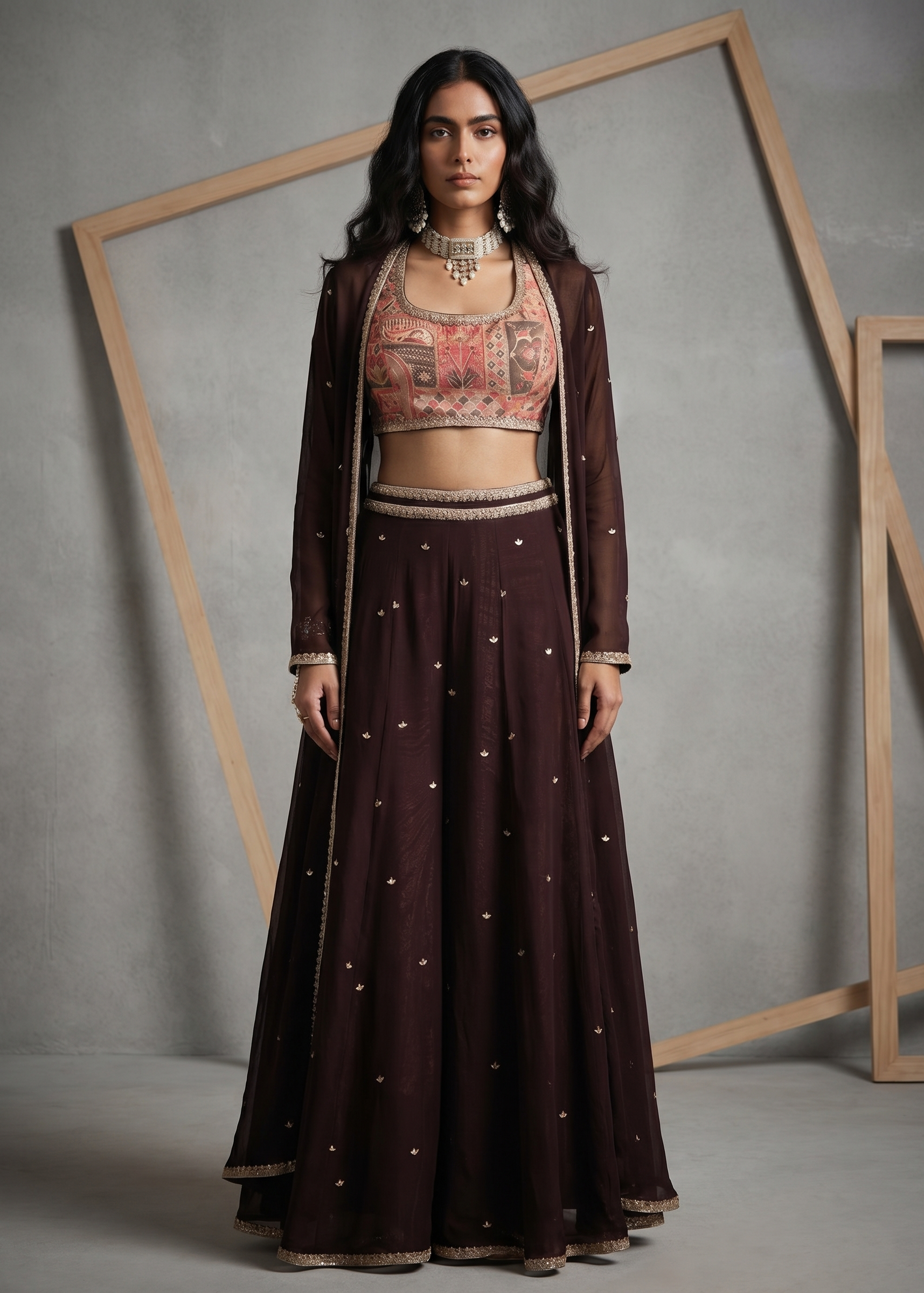 Woman wearing a traditional outfit with a brown top and long skirt against a gray background