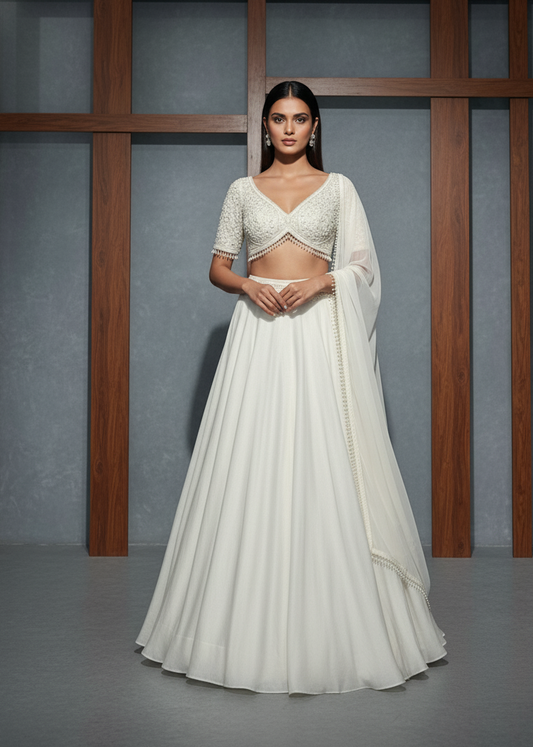 Woman wearing a white traditional outfit against a gray wall with wooden panels.