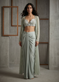 KD1636 sage green drape skirt blouse and cape set
