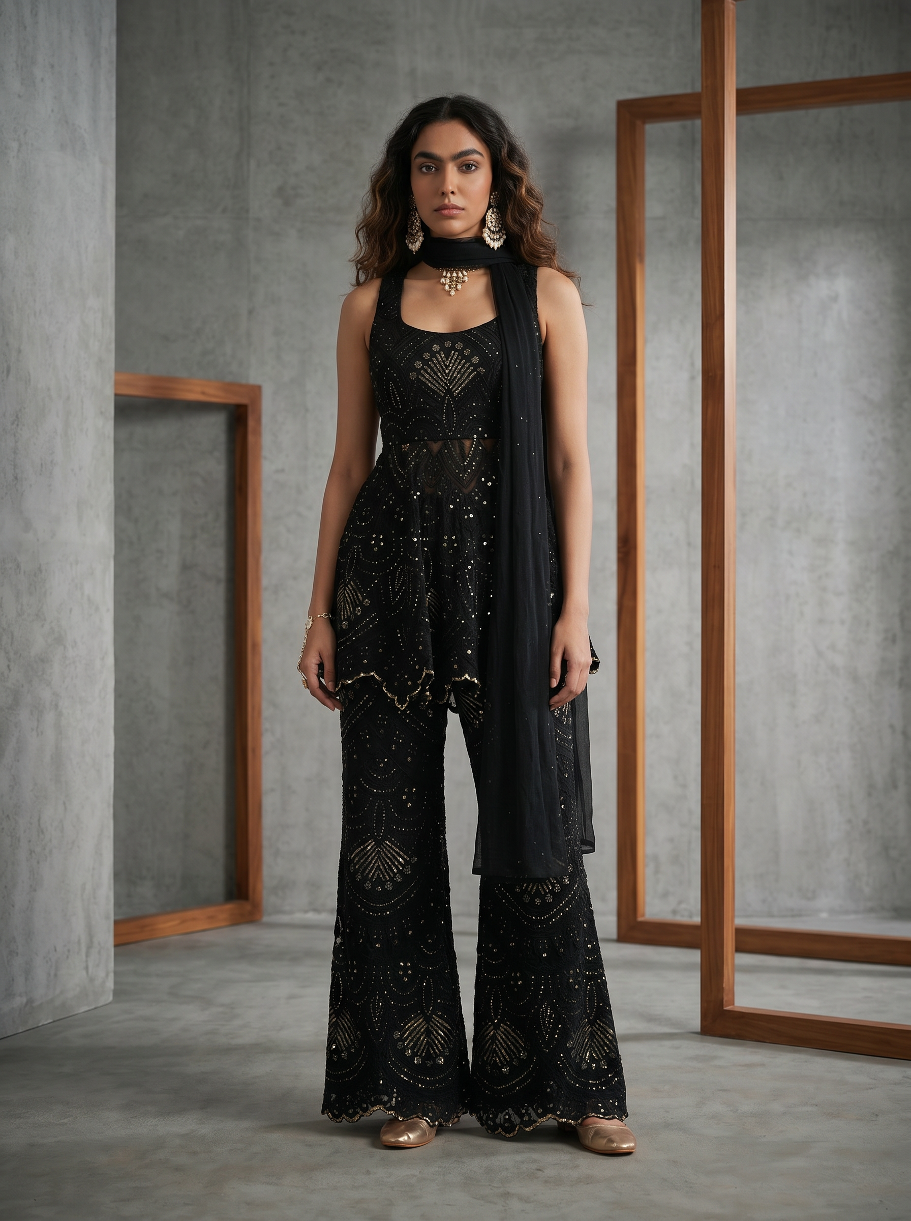 KD1643 Black anarkali sharara and dupatta set
