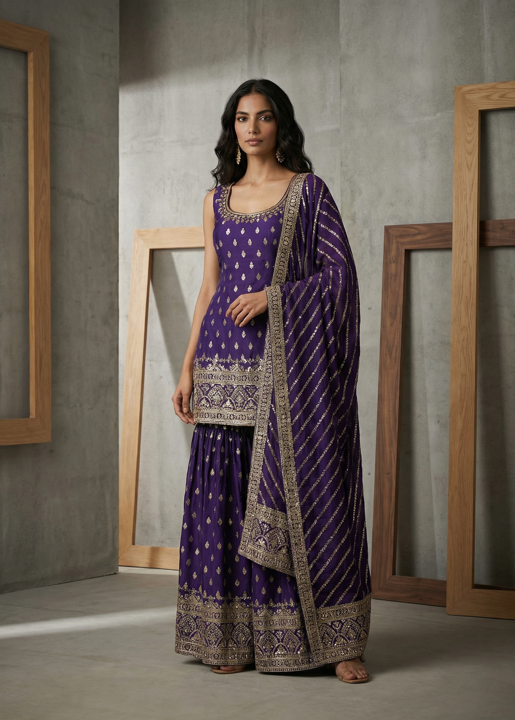 Woman wearing a purple traditional outfit with gold patterns in a minimalistic setting.