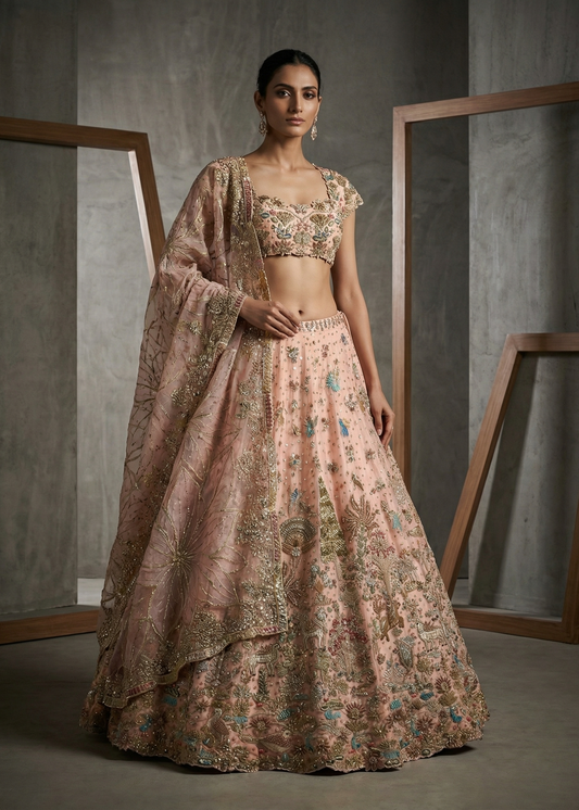 Woman wearing a traditional floral outfit against a neutral background