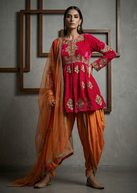 Woman wearing a red and orange traditional outfit with gold embroidery against a gray background.