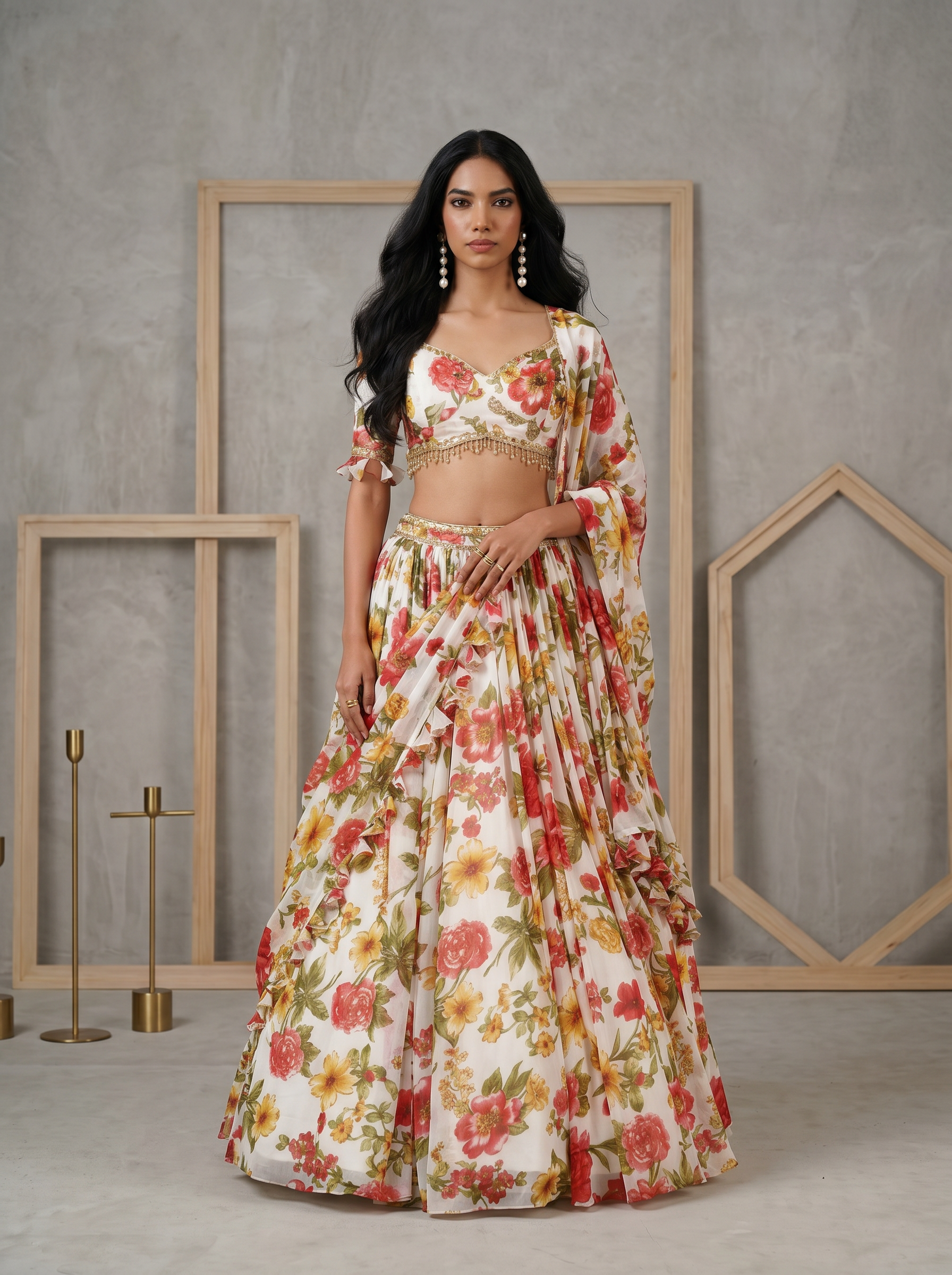 KD1863 White Printed lehenga Blouse and Dupatta Set