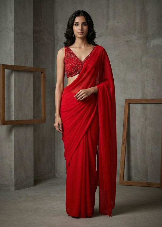 Woman wearing a red saree with a matching blouse against a gray concrete wall.