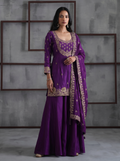 KD1916 Purple Embroidered Kurti, Sharara and Dupatta