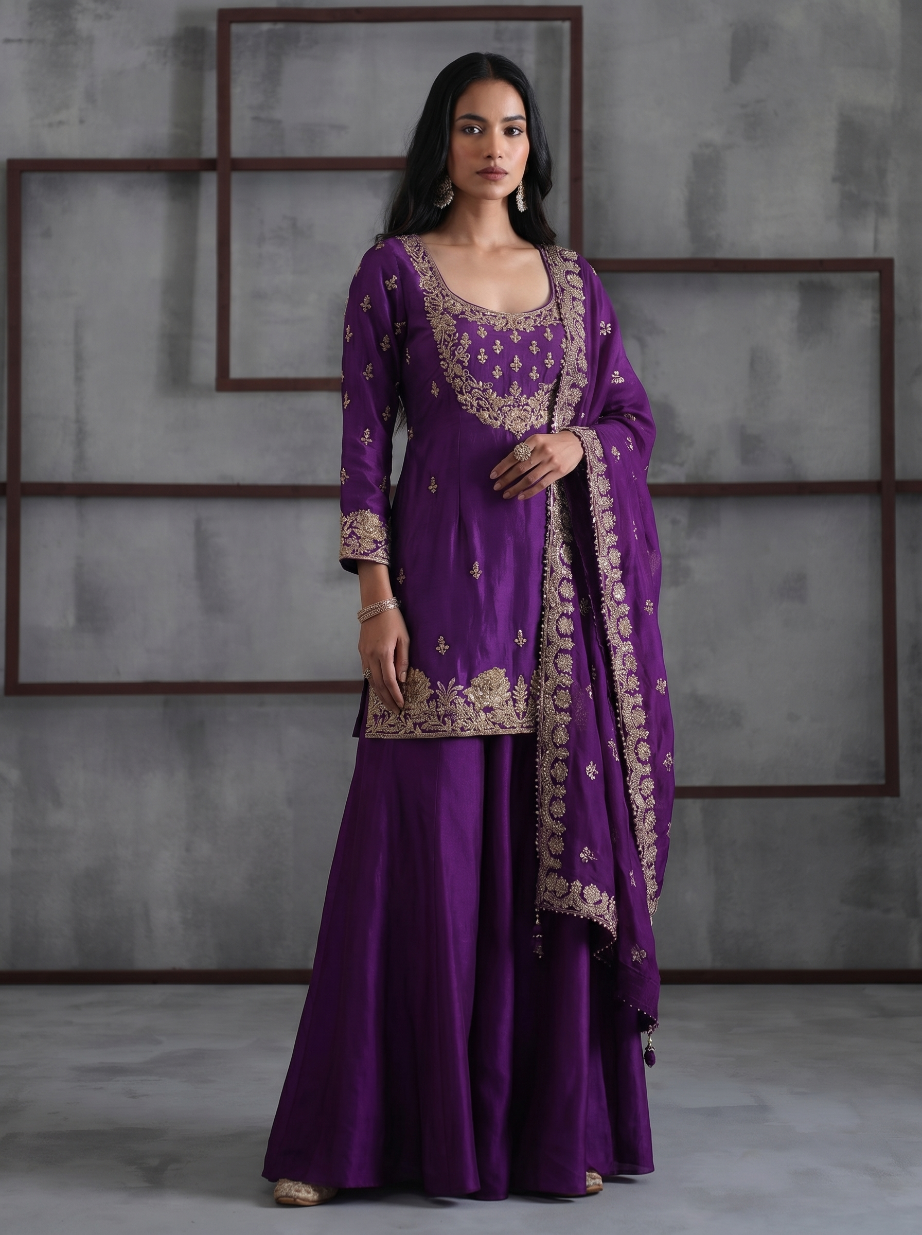 KD1916 Purple Embroidered Kurti, Sharara and Dupatta