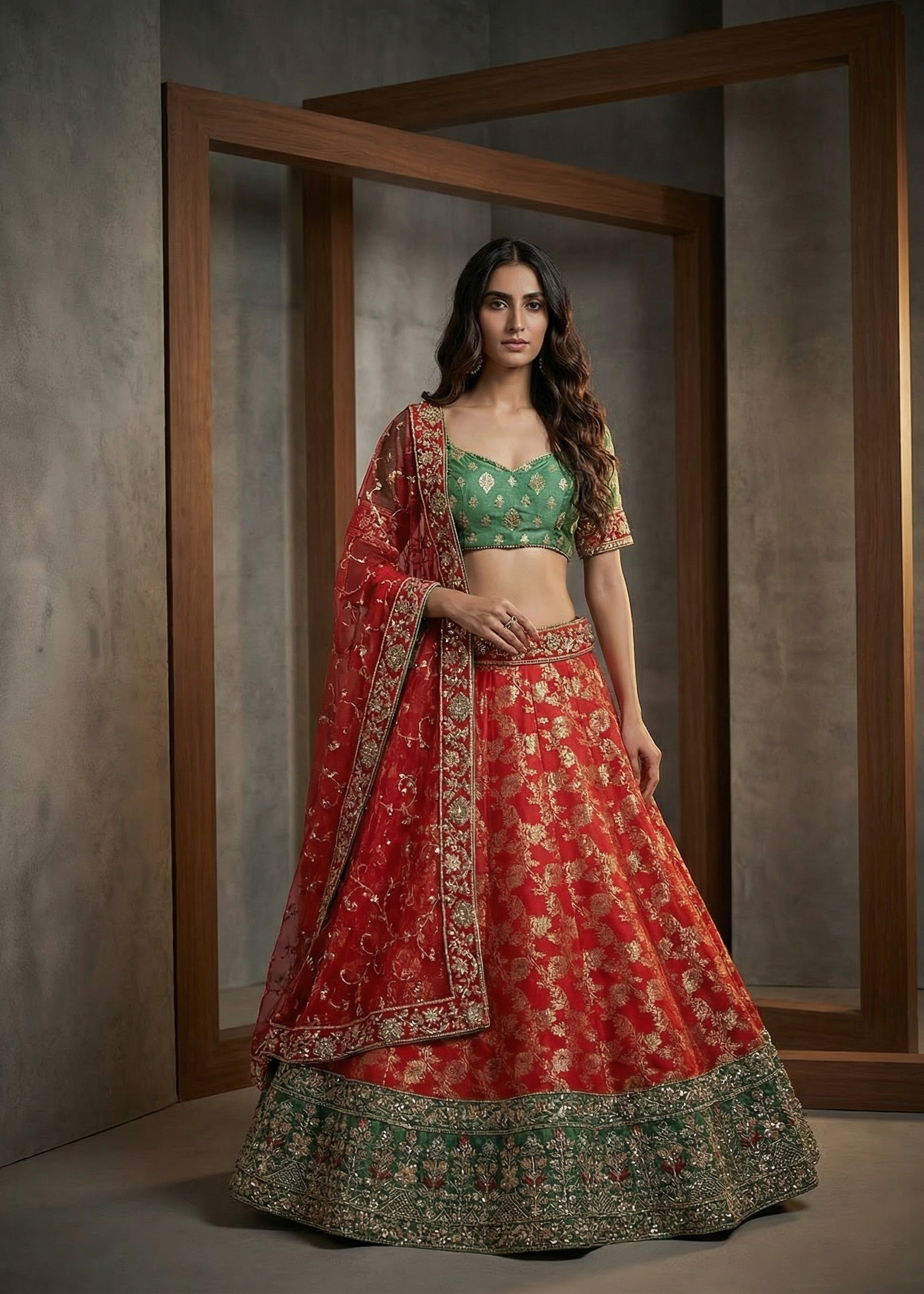 KD1989 Red brocade bridal lehengas set with green contrast border