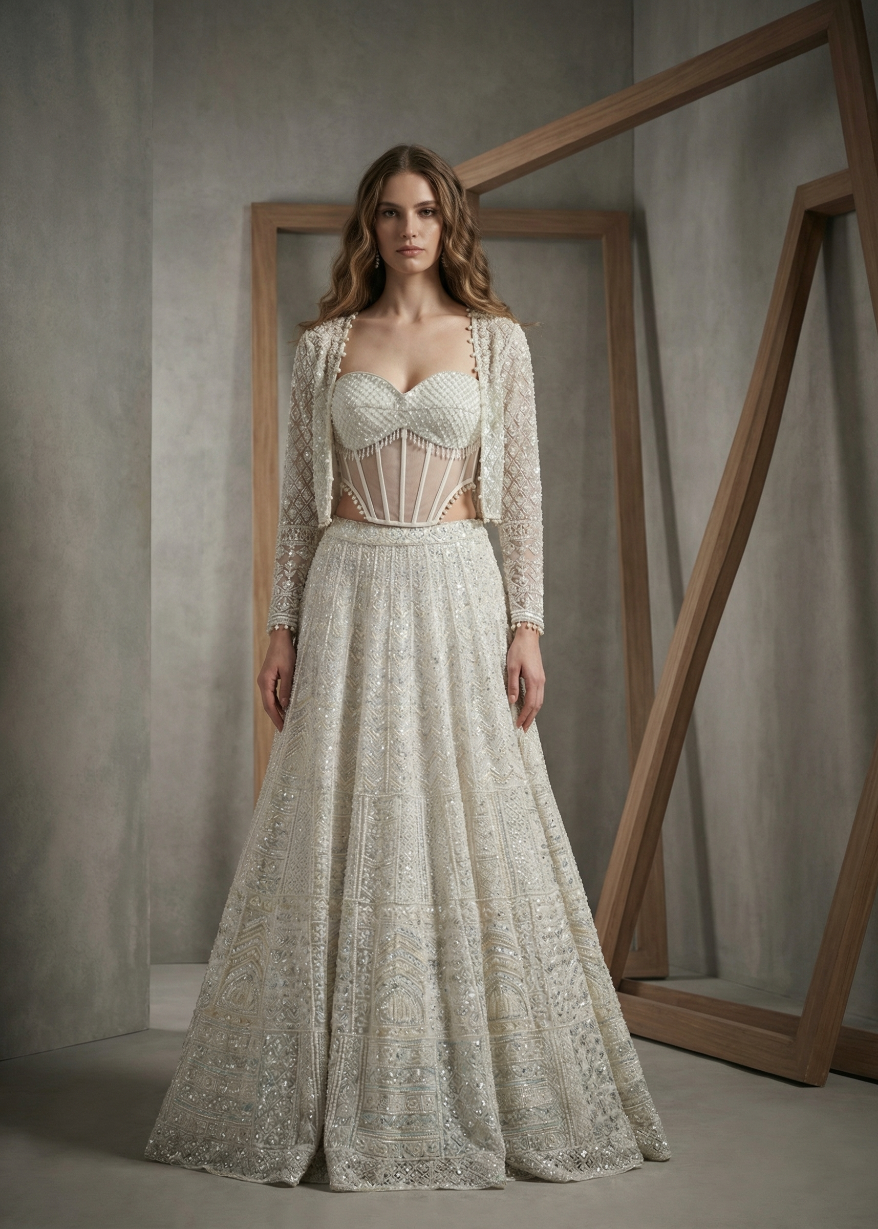 Woman wearing a detailed lace dress in a neutral setting