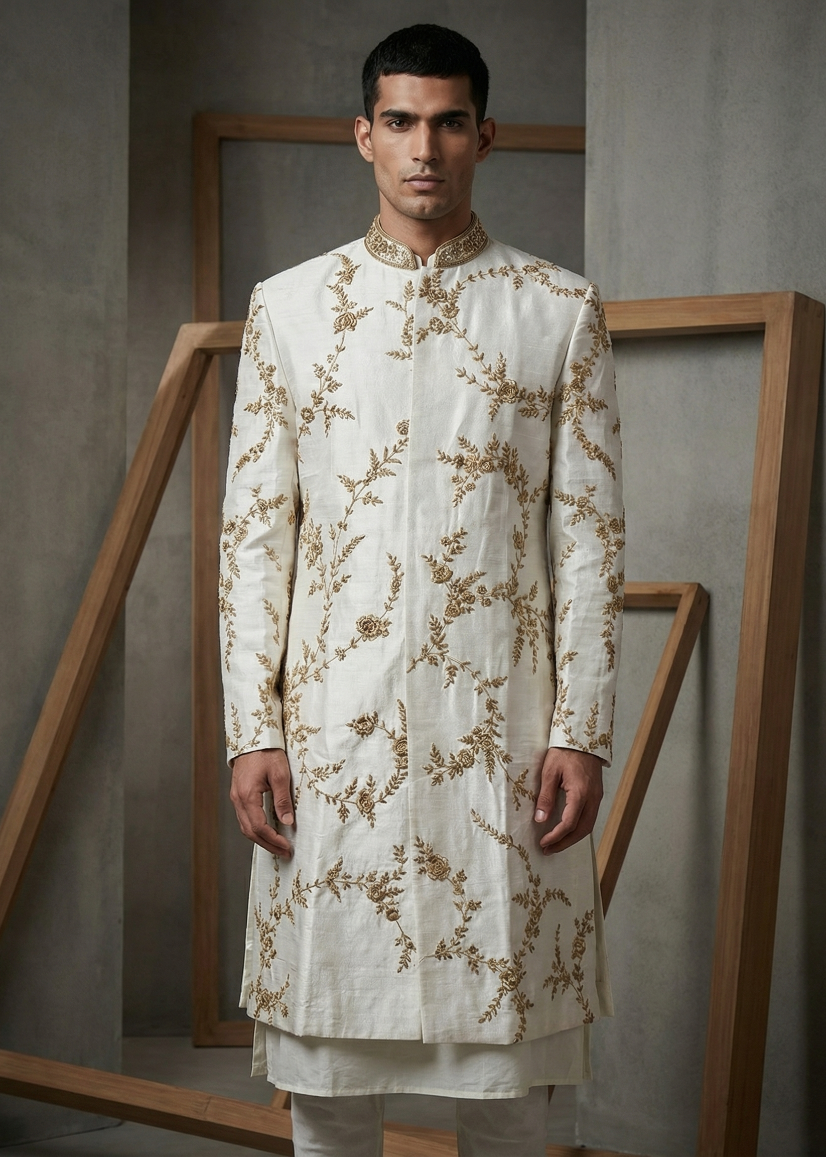 Man wearing a white embroidered sherwani against a gray wall with wooden frames.