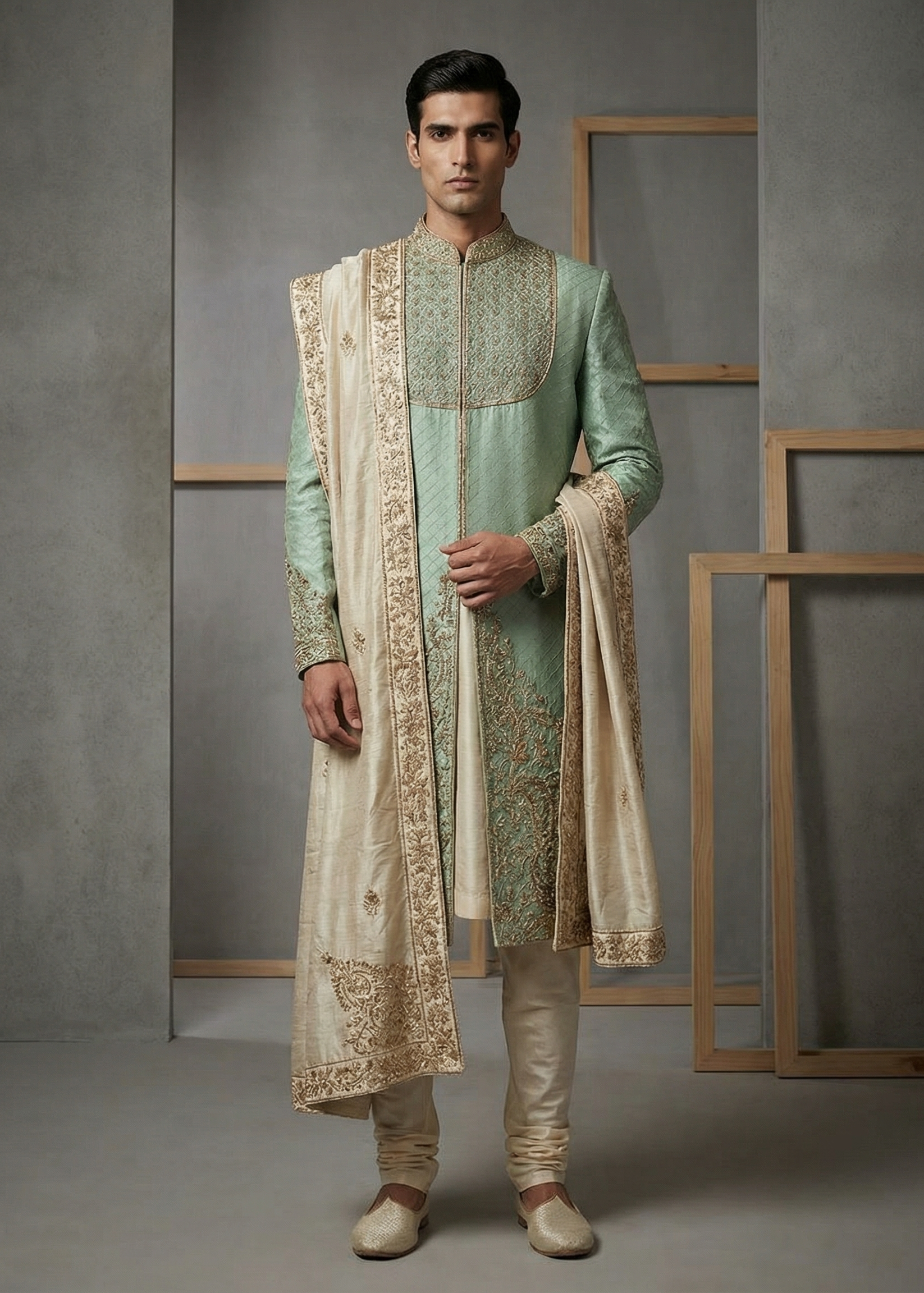 Man wearing a traditional light green sherwani with white embroidery against a gray background
