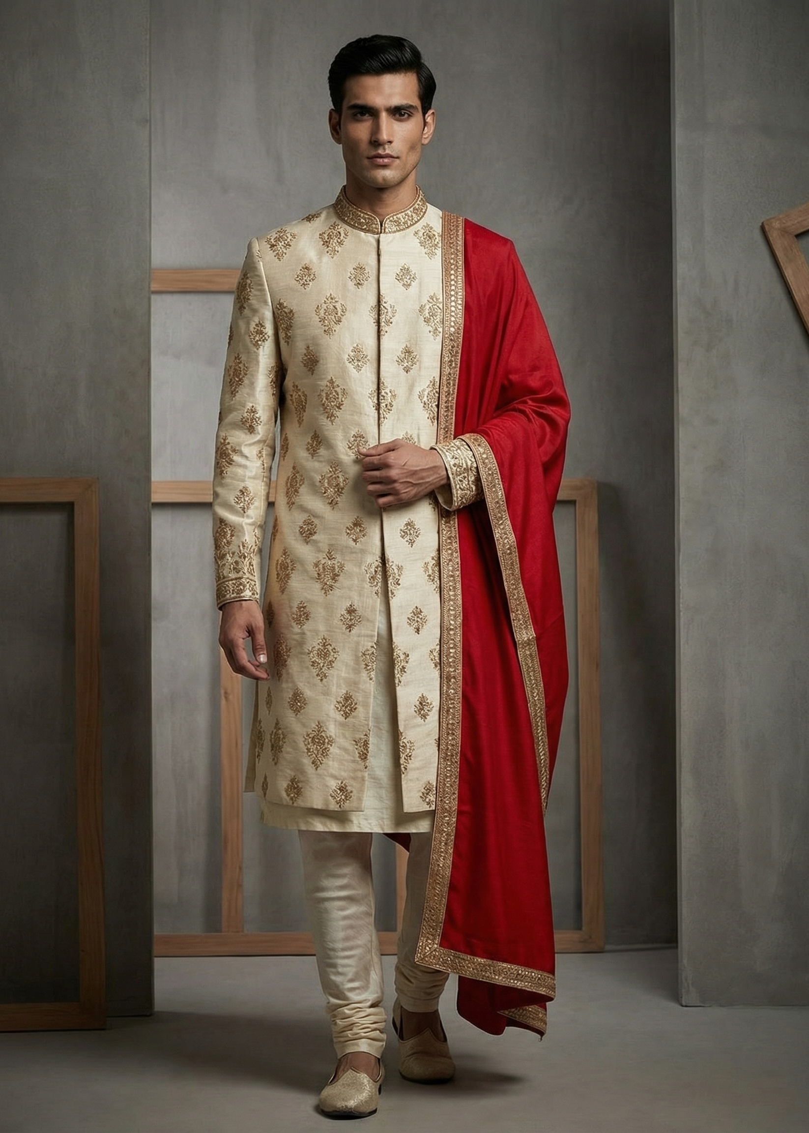 Man wearing a traditional cream sherwani with a red dupatta against a gray background