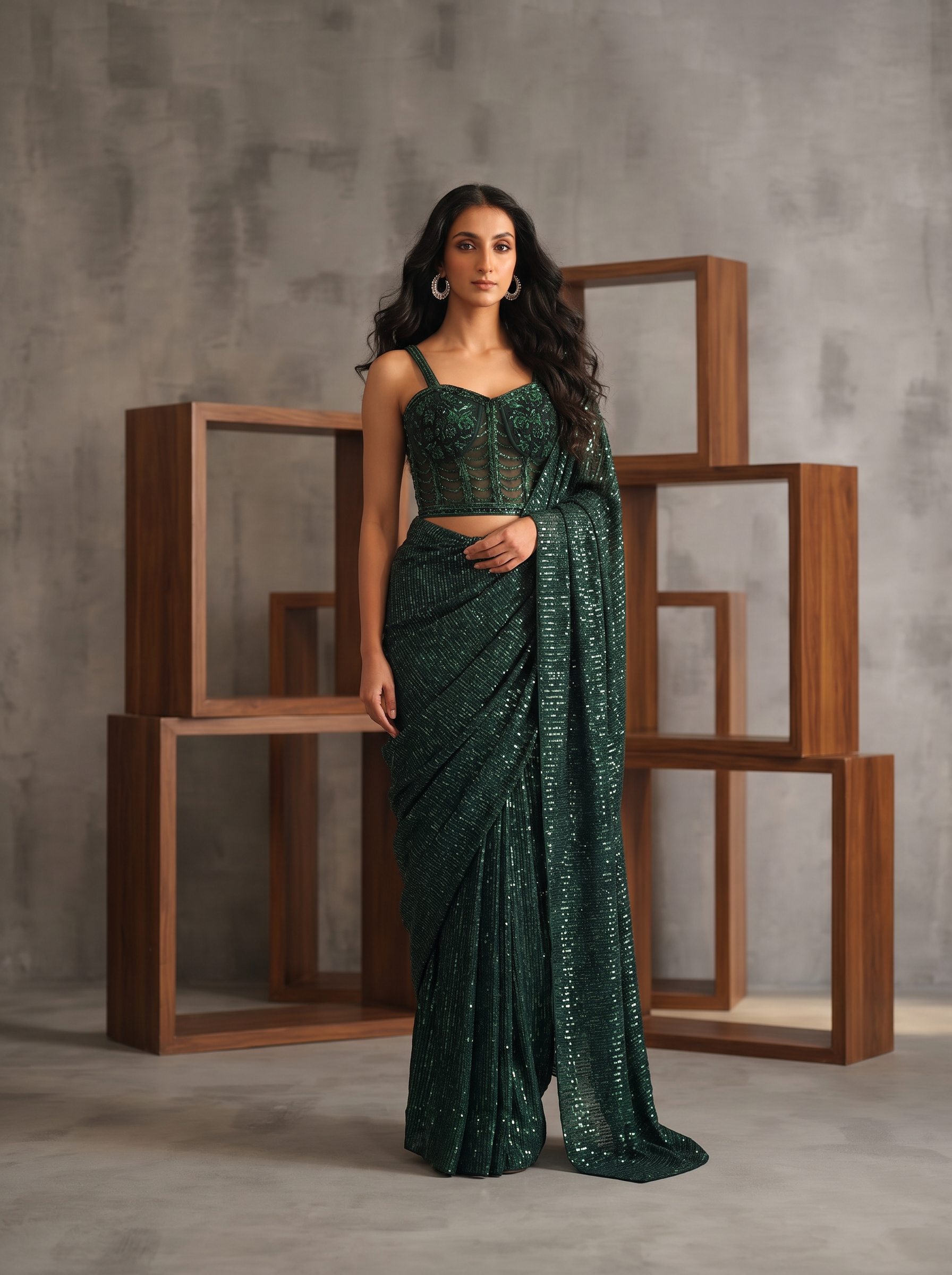 KD2147 Green emb corset drape saree
