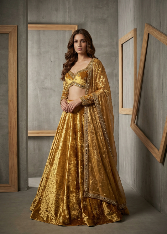 Woman in a gold traditional outfit standing in a room with gray walls and wooden frames.
