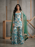 KD2204 Teal Blue and White Printed Kurti, Garara and Dupatta