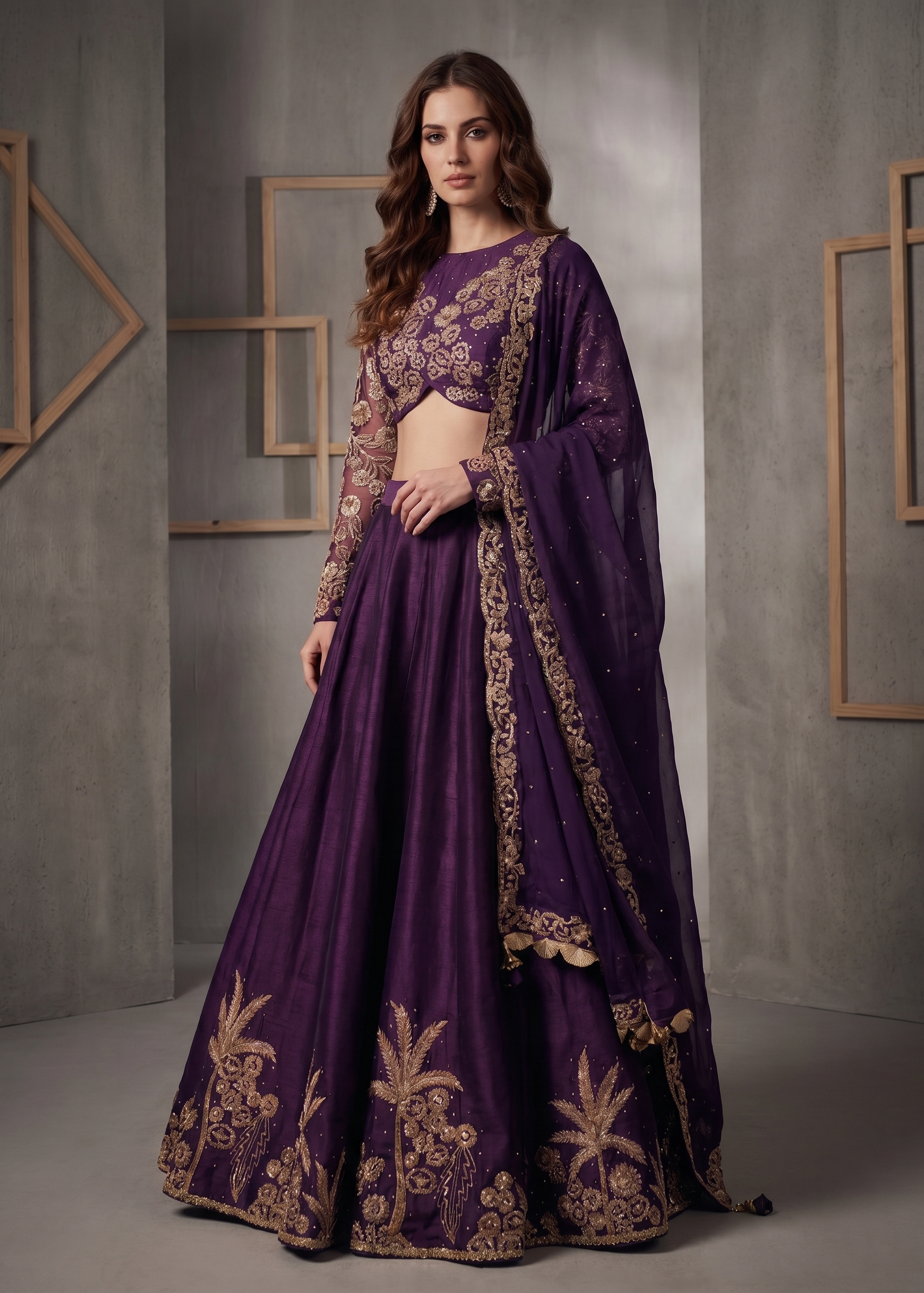 KD2224 Purple emb blouse lehenga dupatta