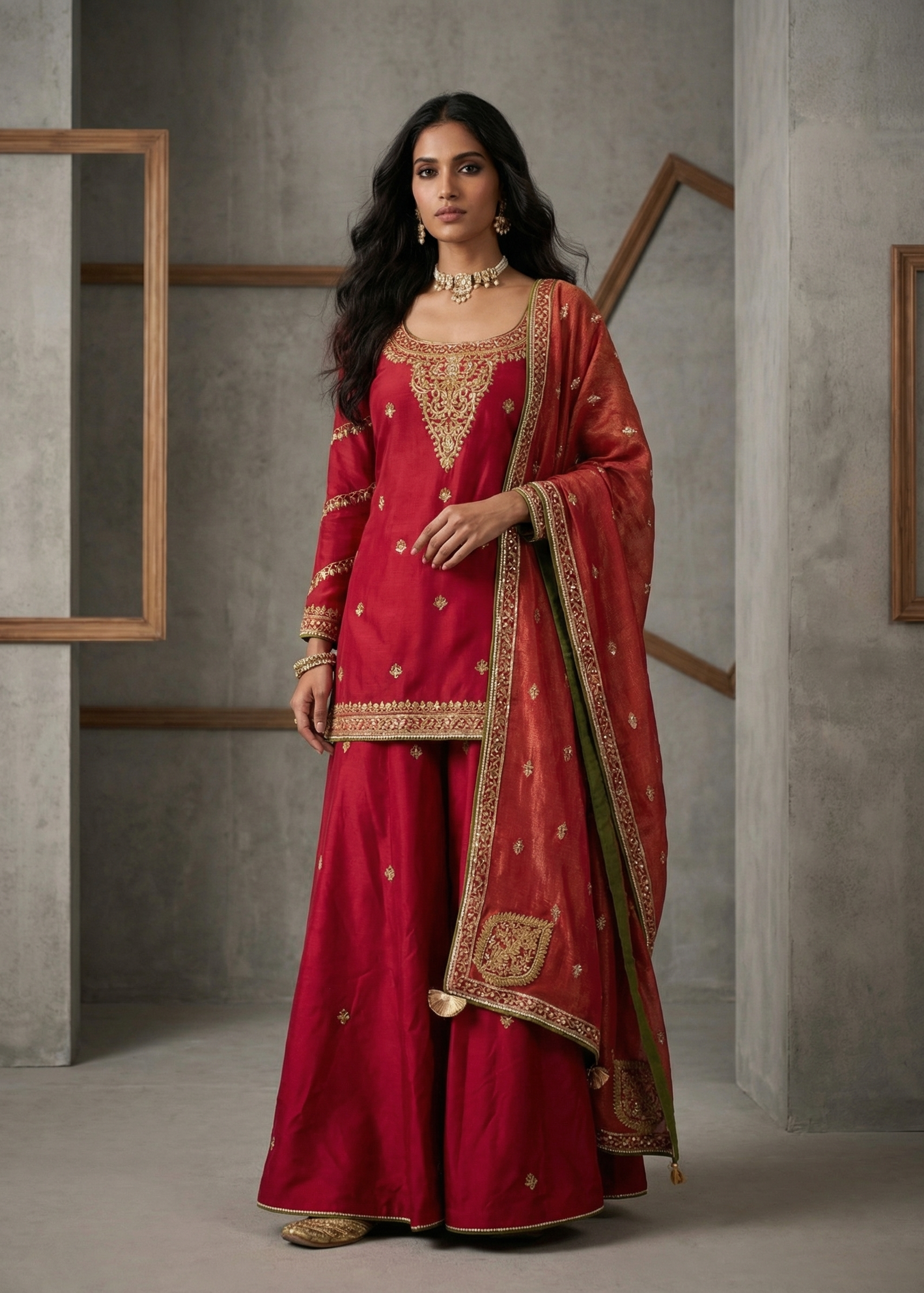 KD2227 Maroon Kurti Sharara Dupatta Set