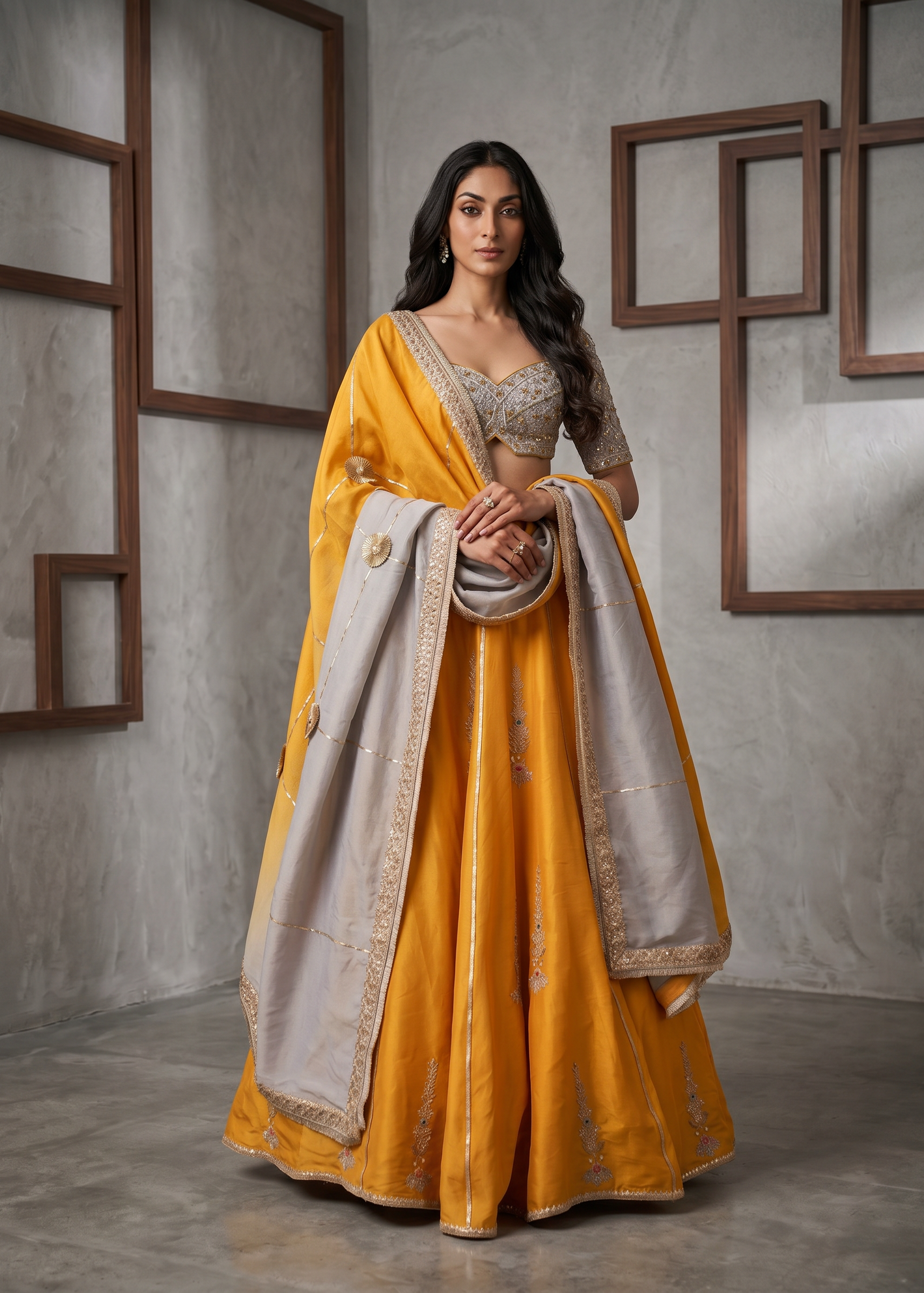 KD2230 Powder blue and mustard lehenga Blouse and Dupatta Set