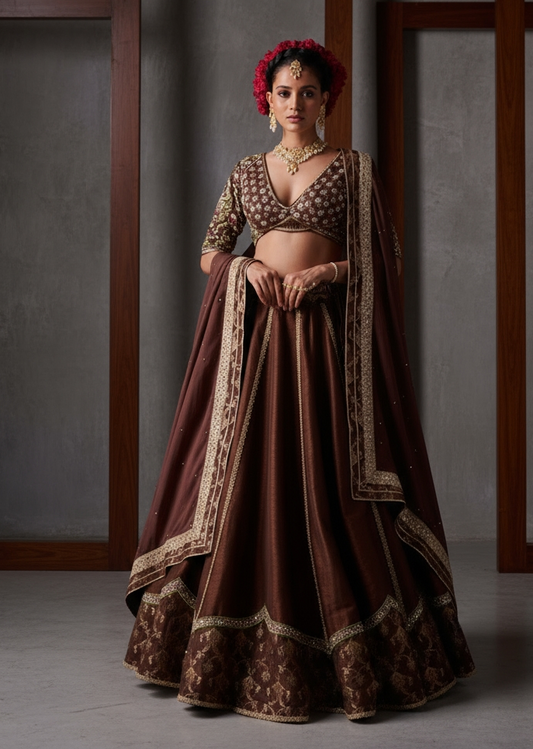 Woman in a traditional brown and gold outfit with jewelry, standing against a gray background.