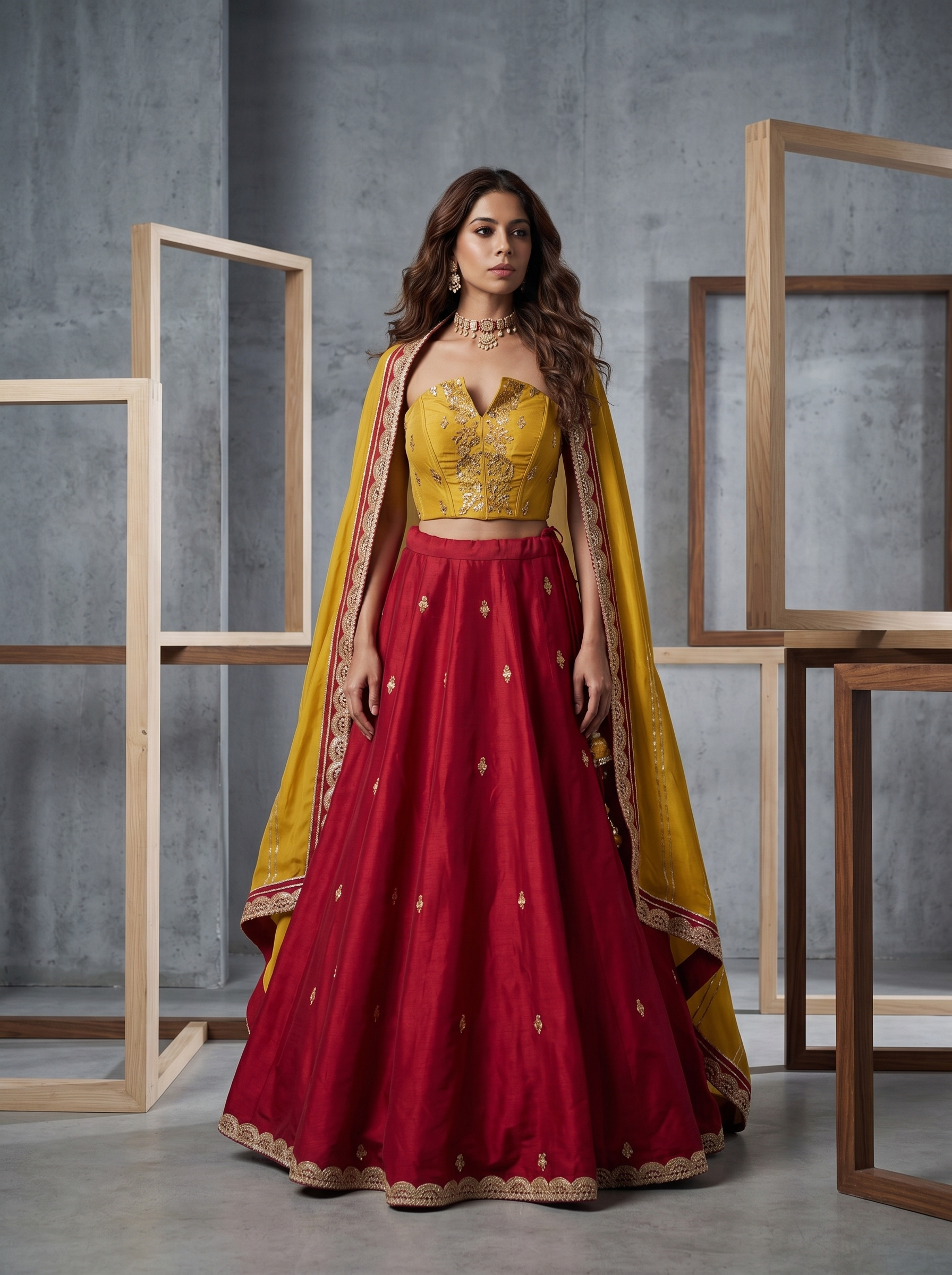 KD2240 Red Lehenga Corset Dupatta Set