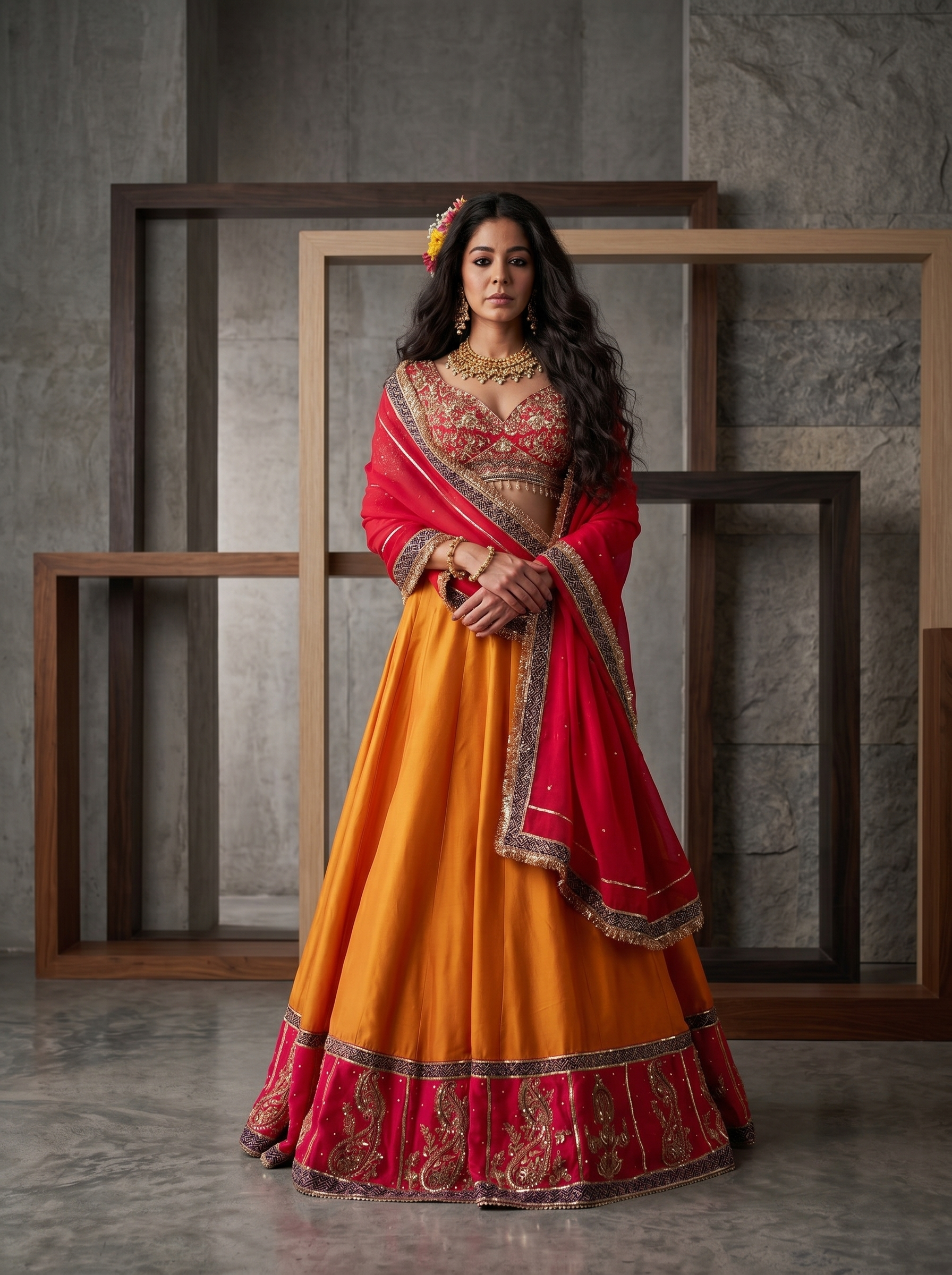 KD2241 Orange Lehenga Blouse Dupatta Set