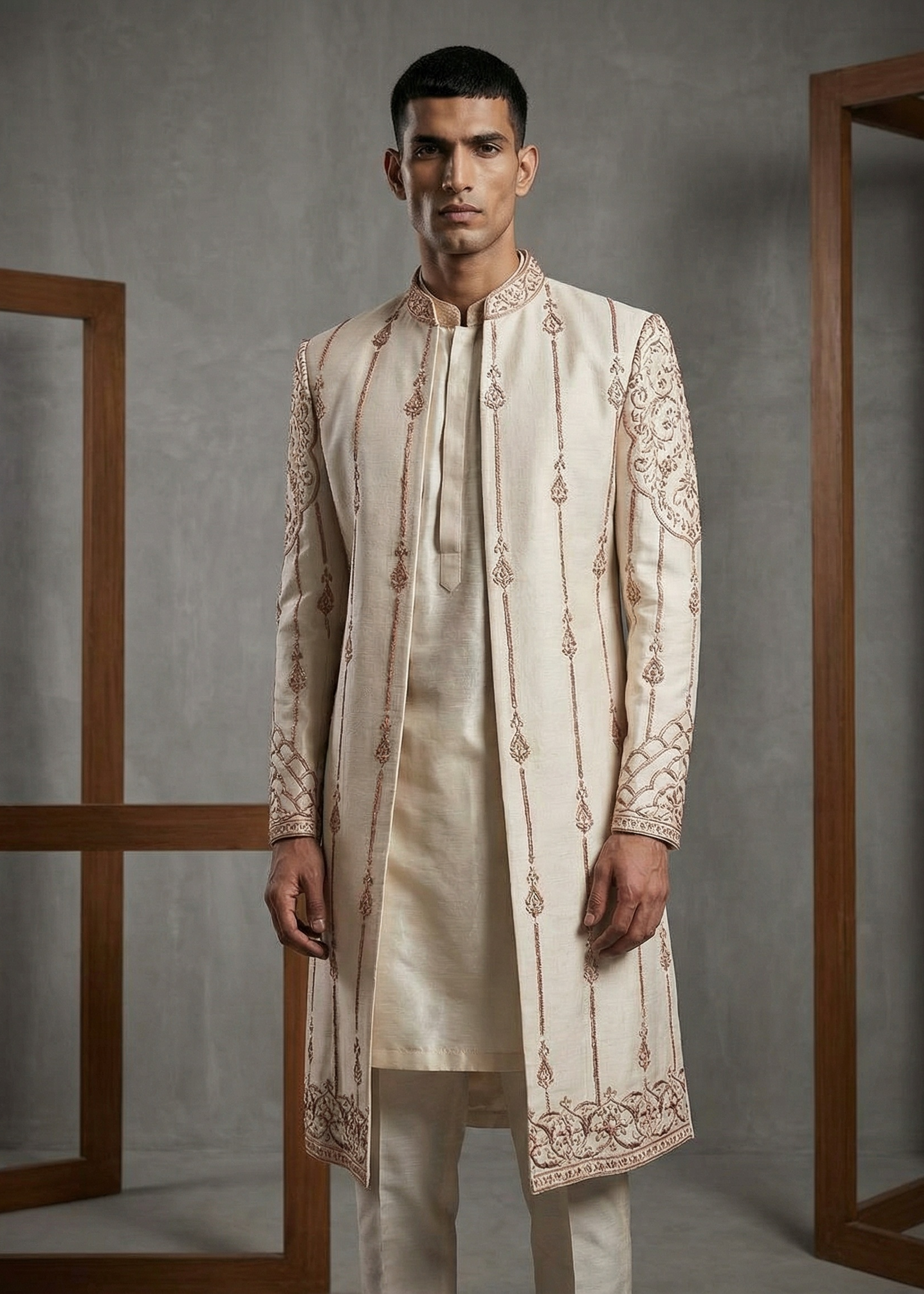 Man wearing a cream embroidered sherwani against a gray background