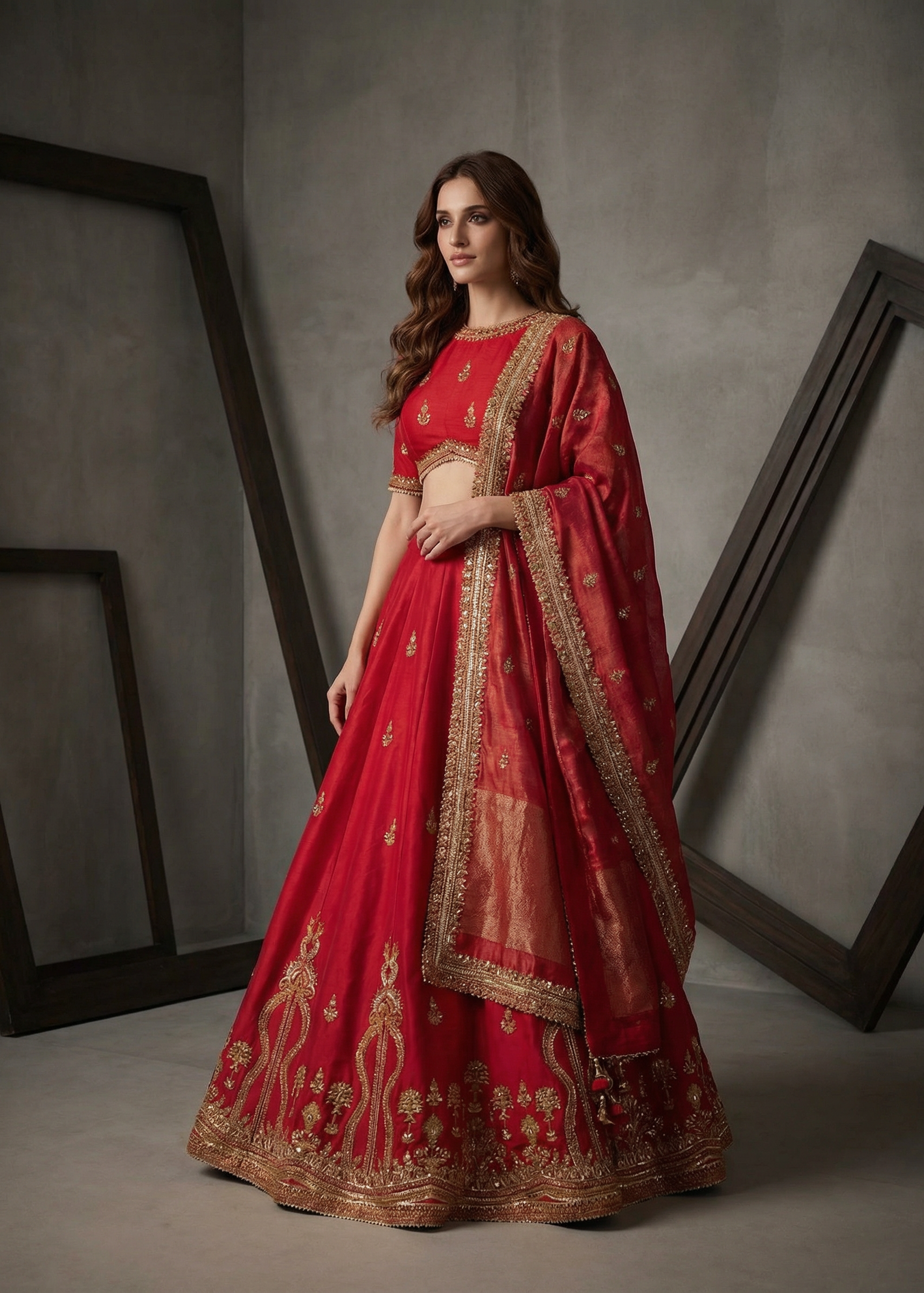 Woman in a red embroidered traditional outfit standing against a gray background