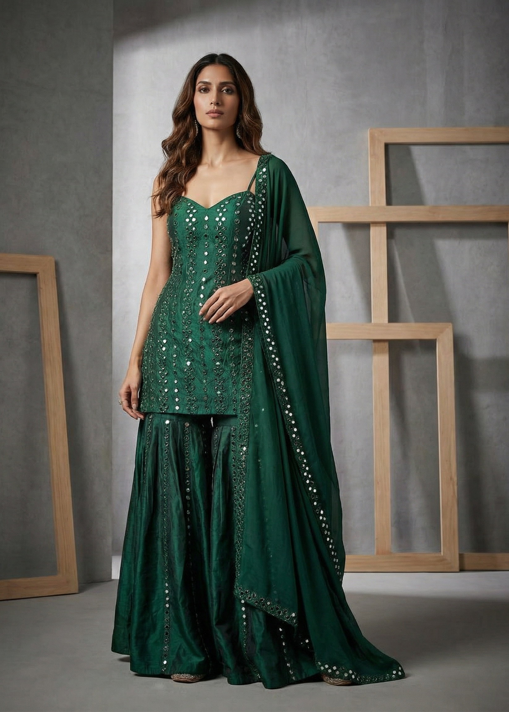 KD2420 Green mirror sharara set