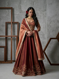KD2233 Maroon Beige emb blouse lehenga dupatta set