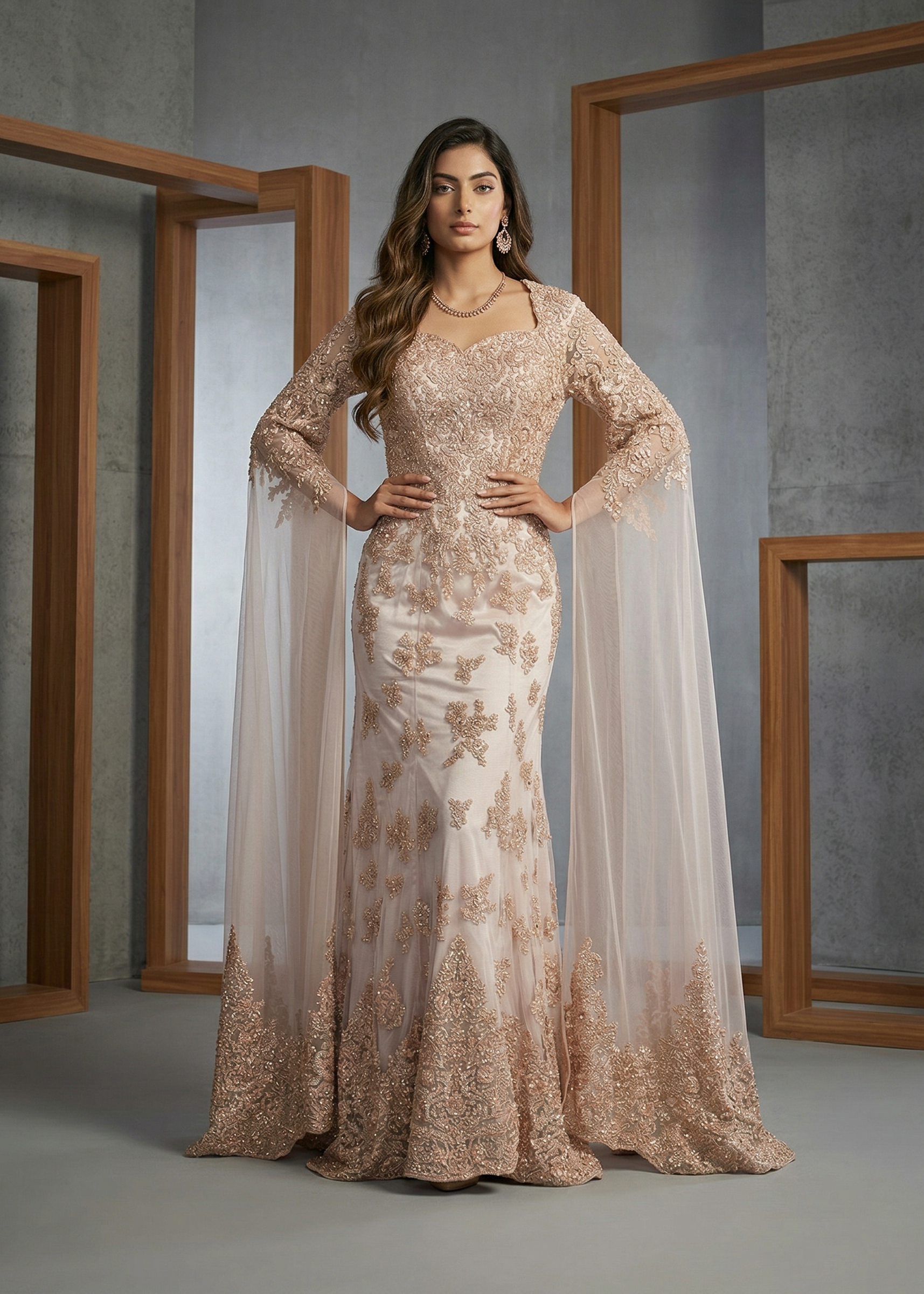 KD356 Peach gown with long sleeves