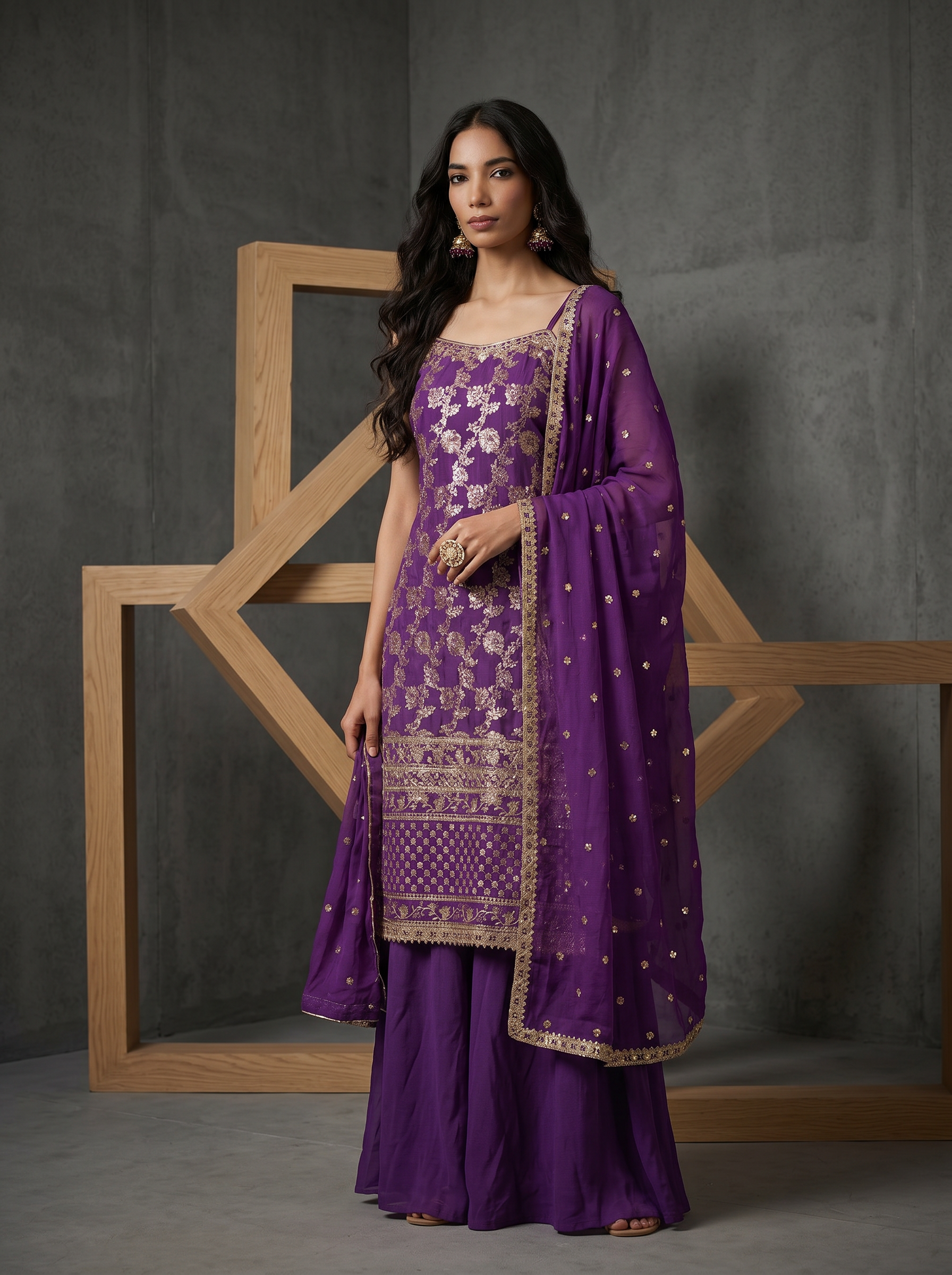 KD366 Purple brocade suit with sharara