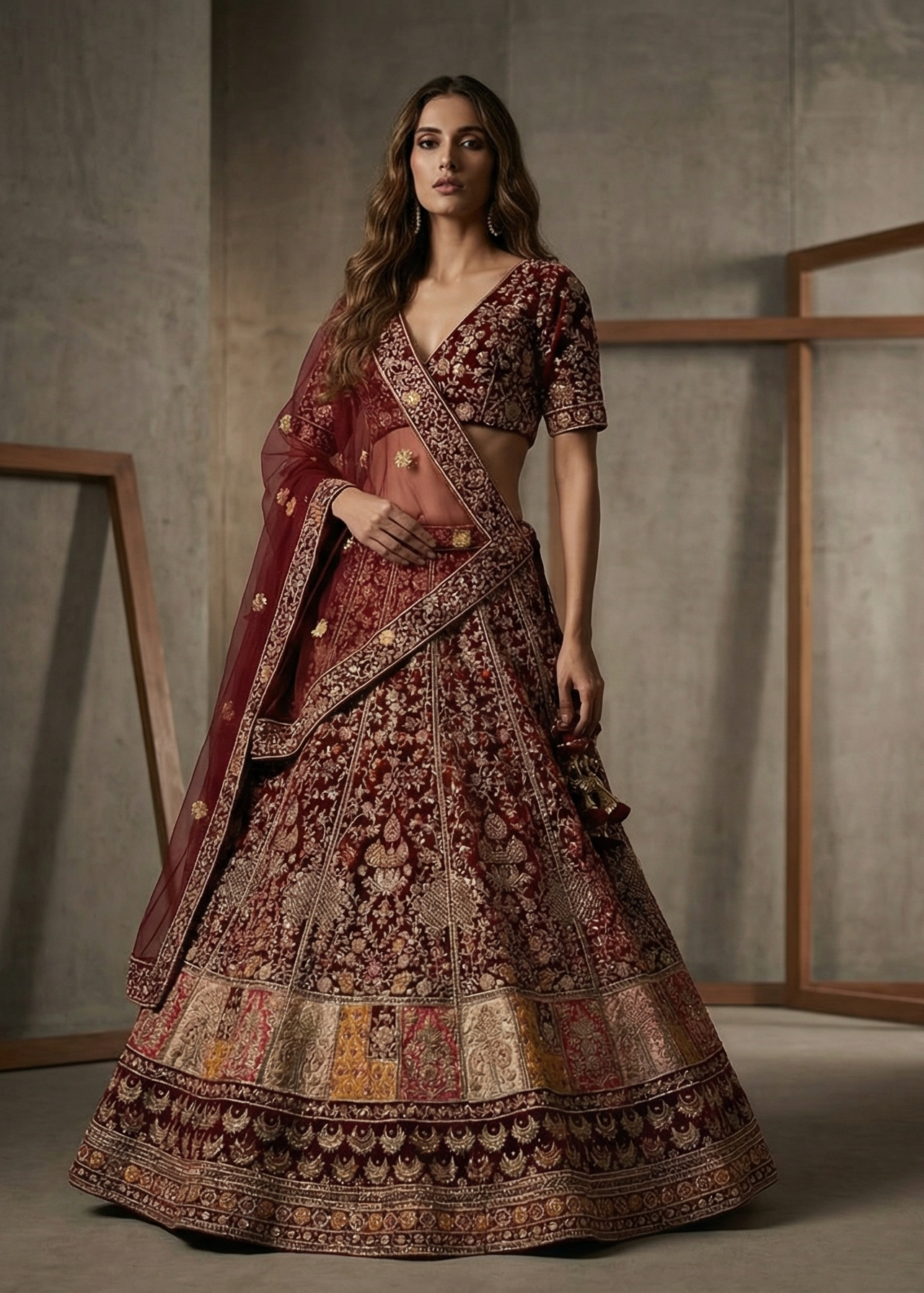 Woman in a traditional embroidered outfit standing in a minimalistic room with wooden frames.